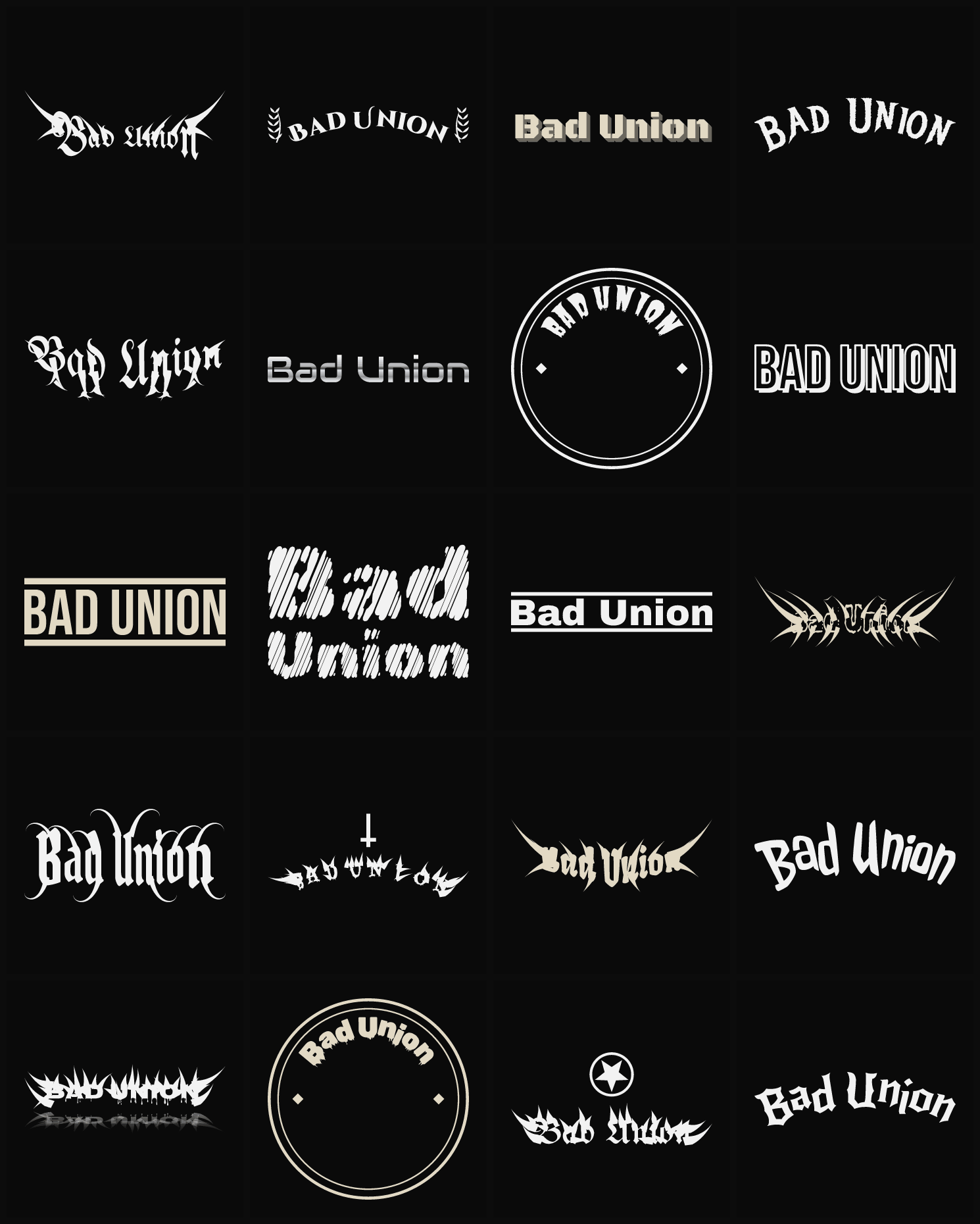 Twenty Bad Union band logo ideas — different faces, treatments and spike settings