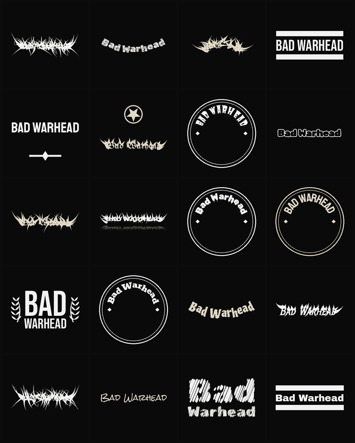 Twenty Bad Warhead band logo ideas — different faces, treatments and spike settings