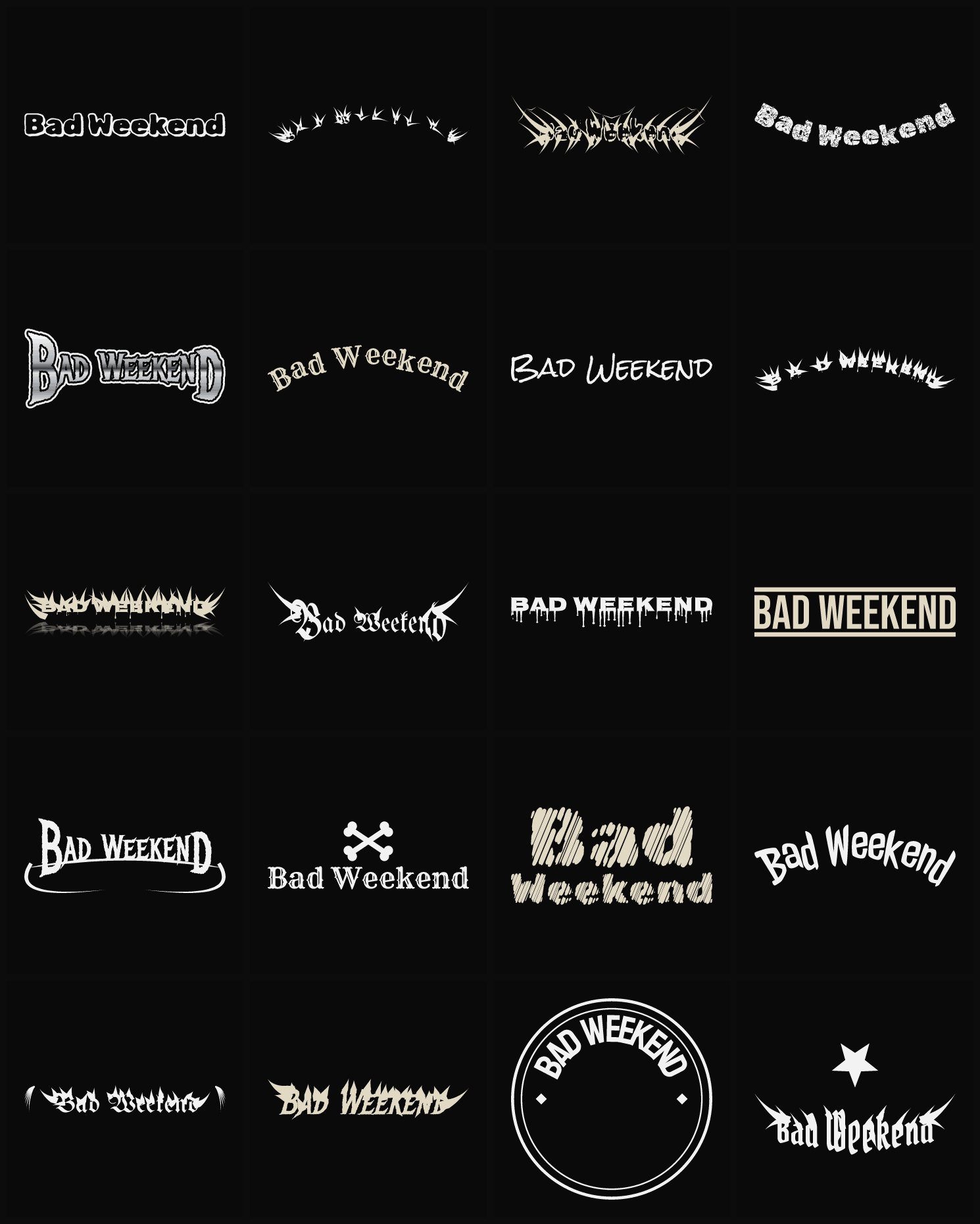 Twenty Bad Weekend band logo ideas — different faces, treatments and spike settings