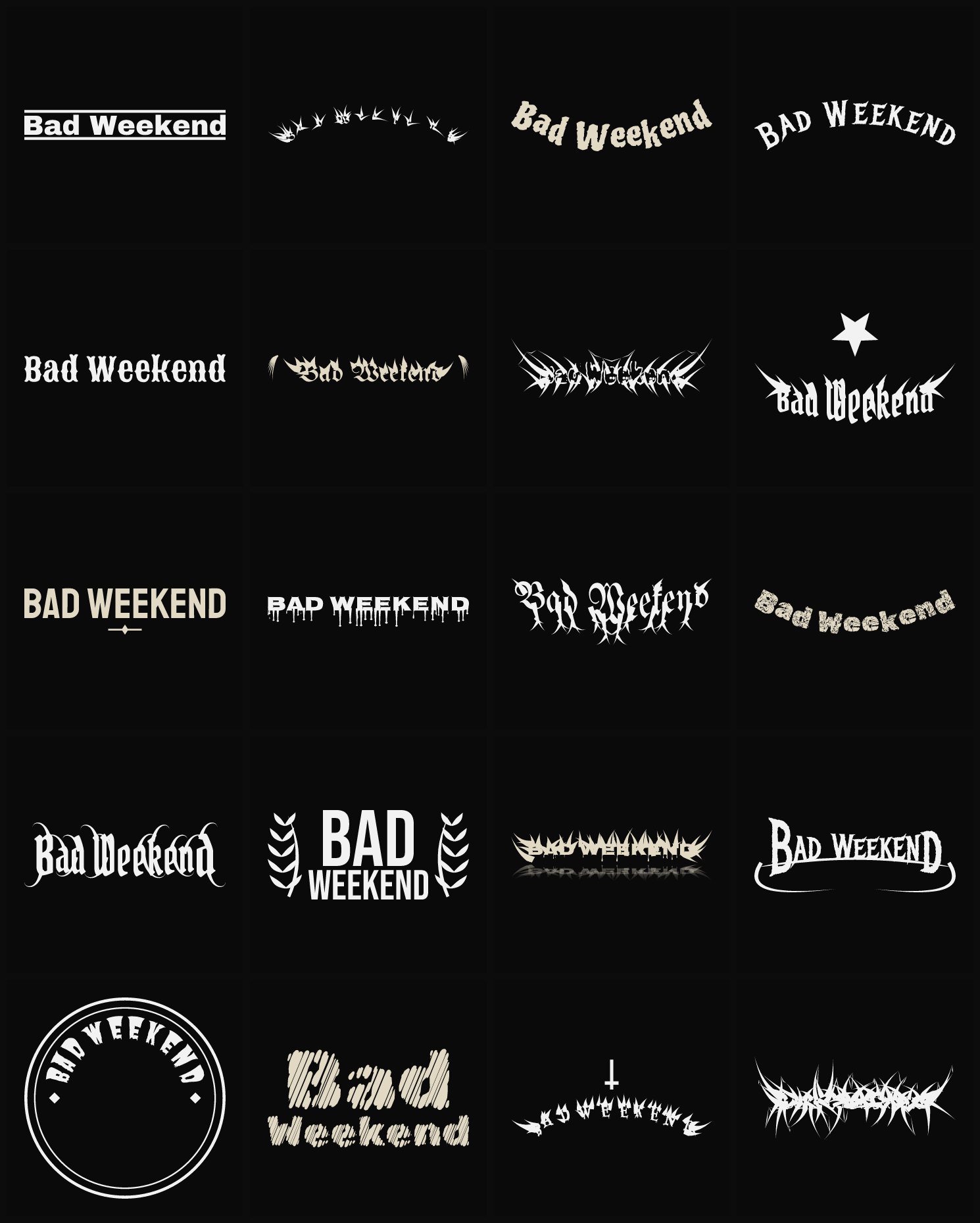 Twenty Bad Weekend band logo ideas — different faces, treatments and spike settings