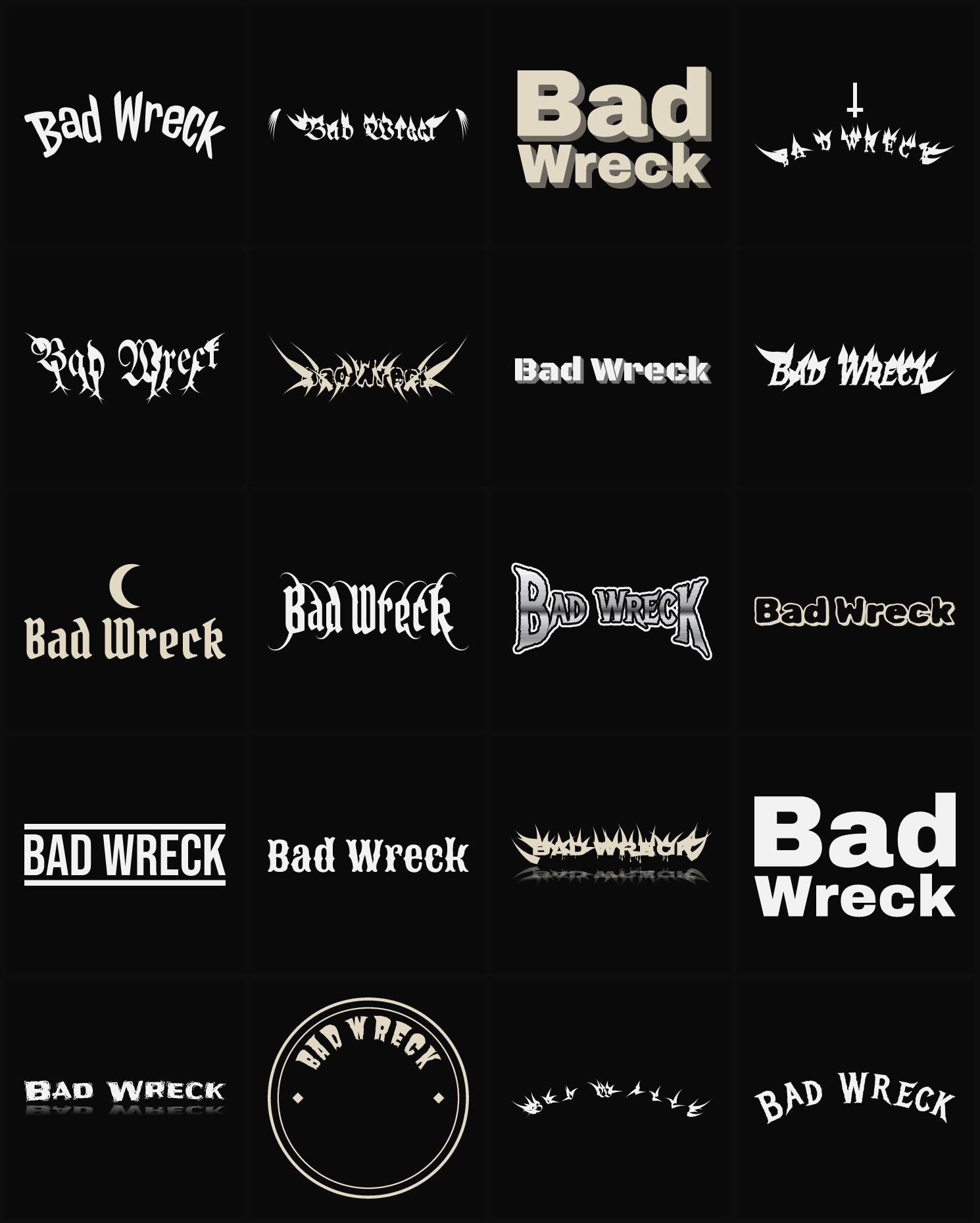 Twenty Bad Wreck band logo ideas — different faces, treatments and spike settings