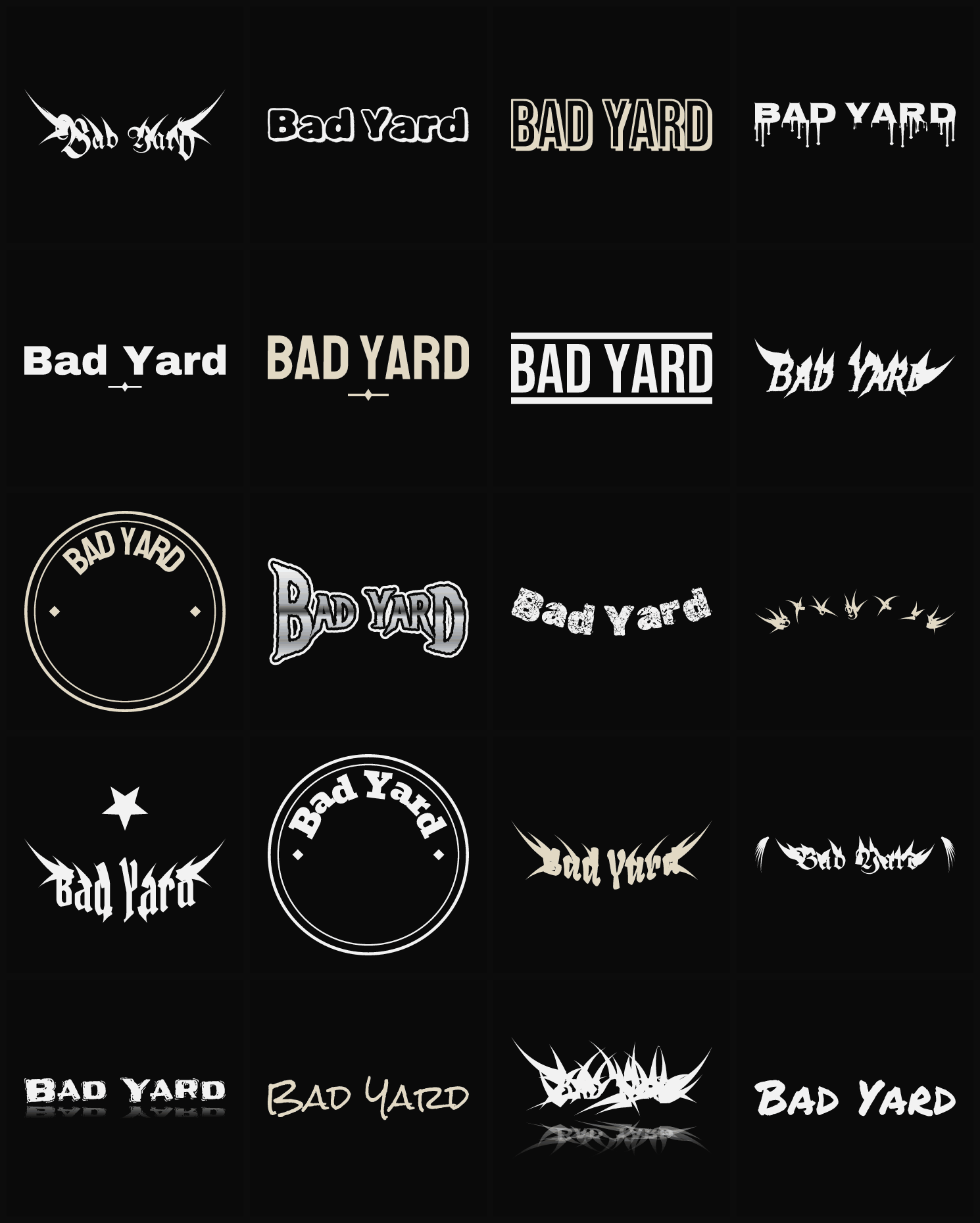 Twenty Bad Yard band logo ideas — different faces, treatments and spike settings