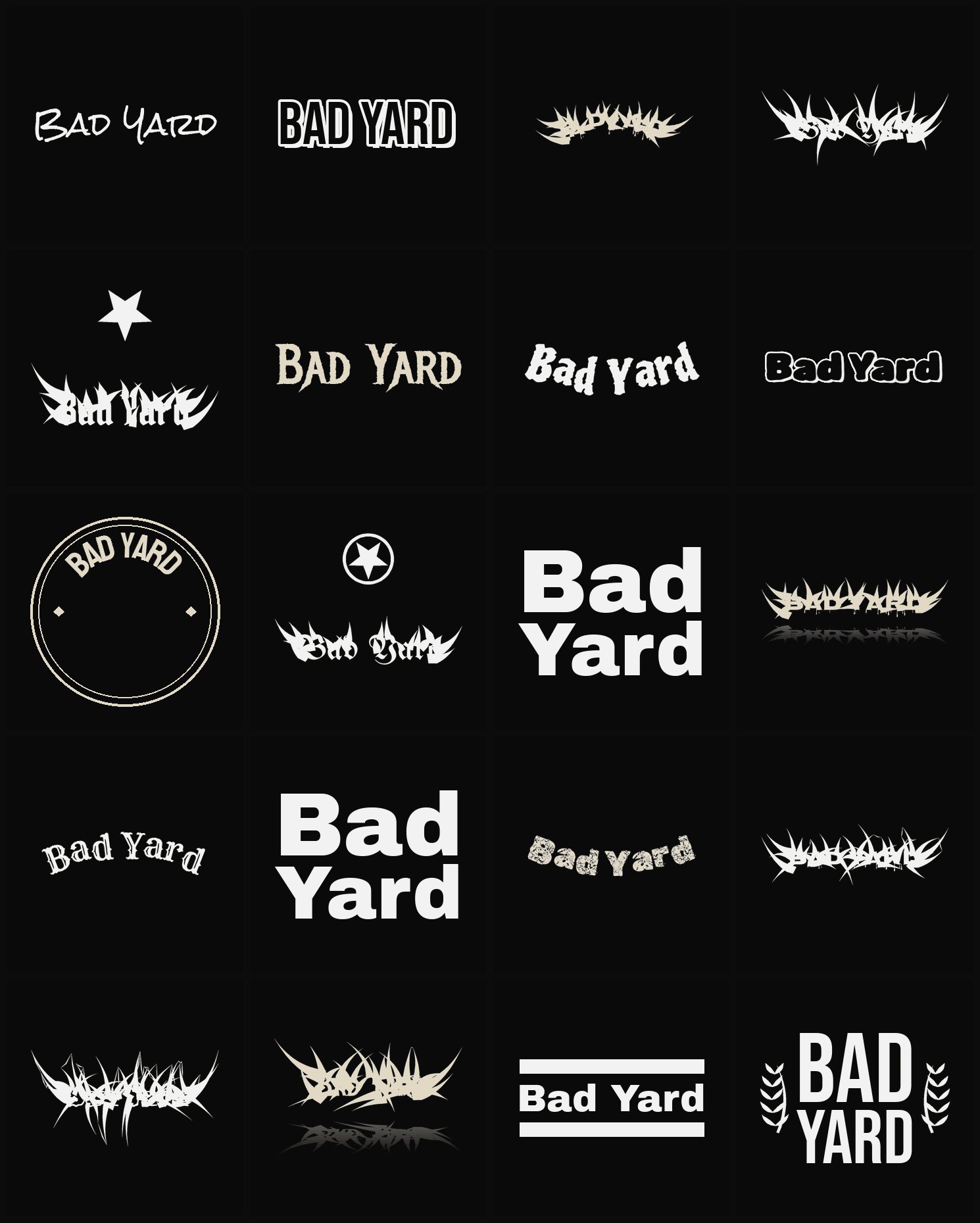 Twenty Bad Yard band logo ideas — different faces, treatments and spike settings