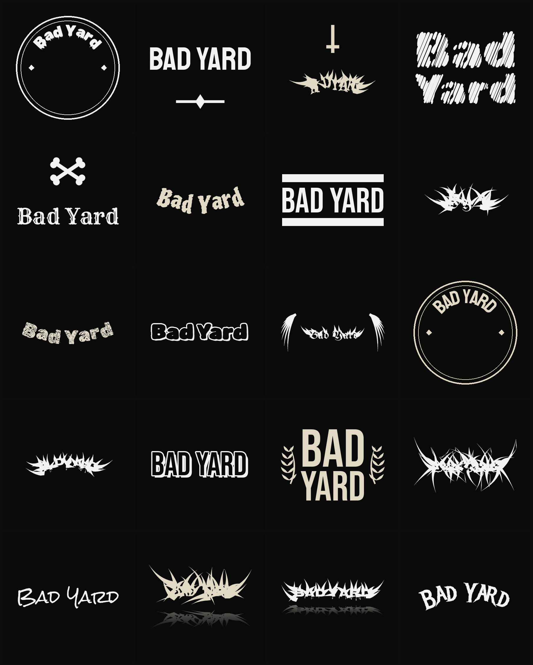 Twenty Bad Yard band logo ideas — different faces, treatments and spike settings