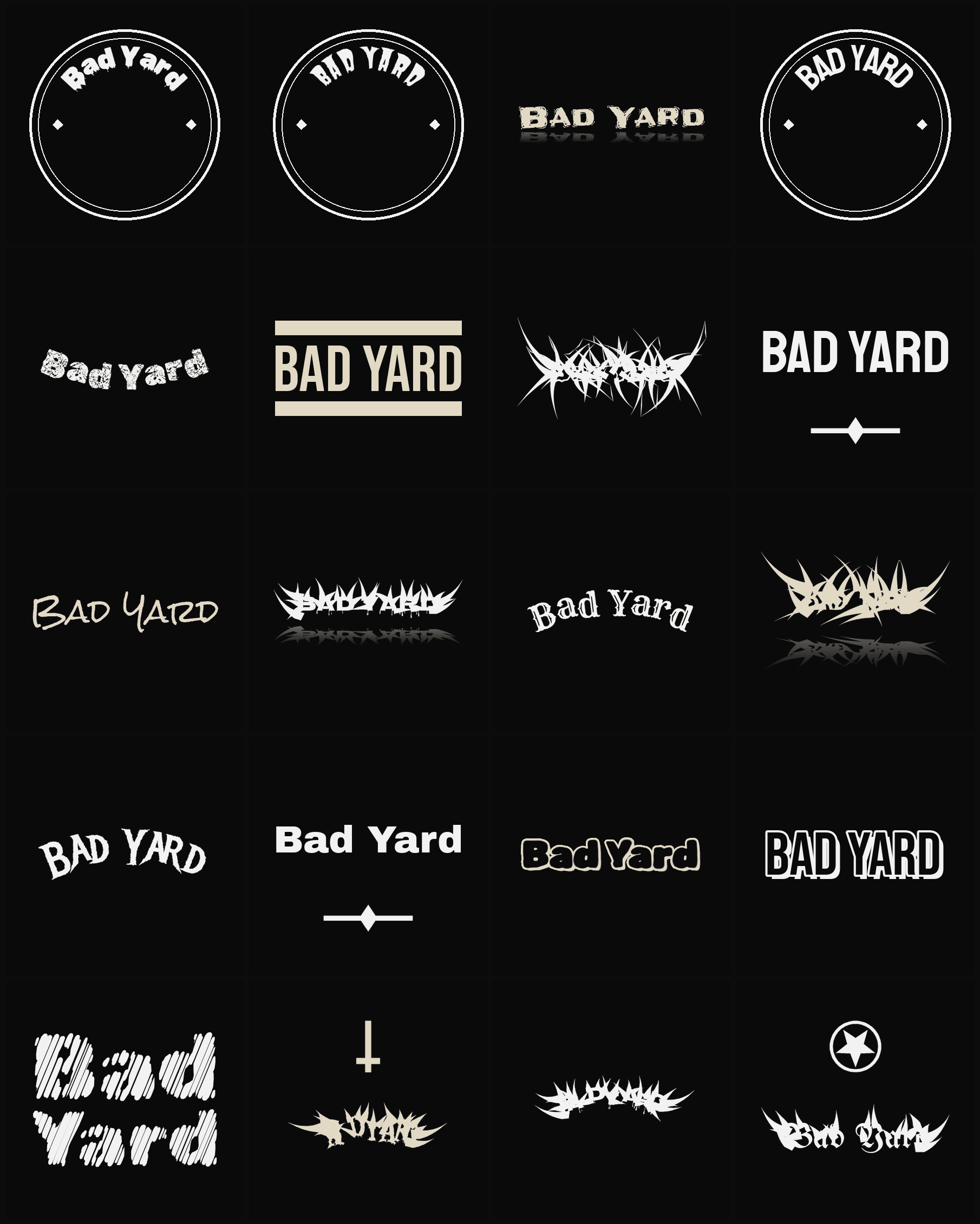 Twenty Bad Yard band logo ideas — different faces, treatments and spike settings