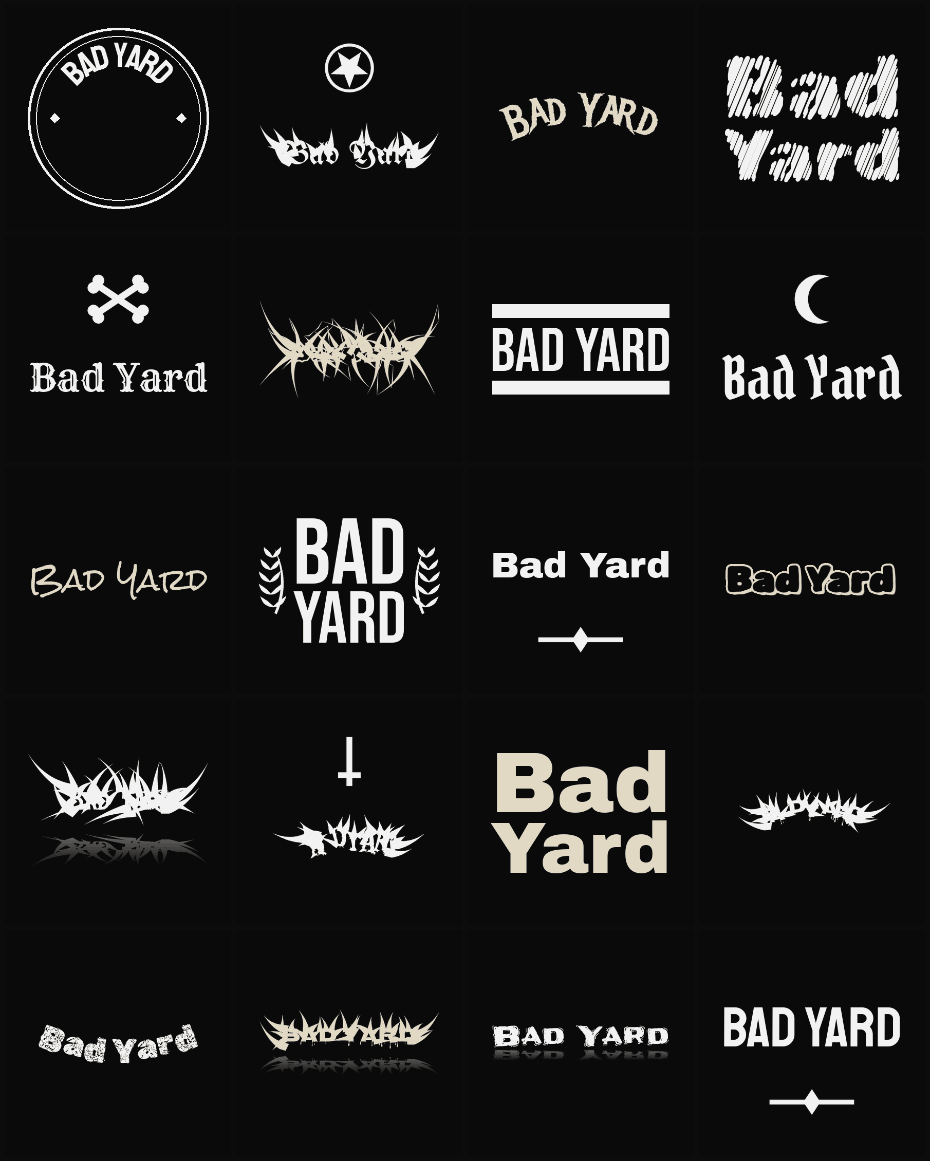 Twenty Bad Yard band logo ideas — different faces, treatments and spike settings