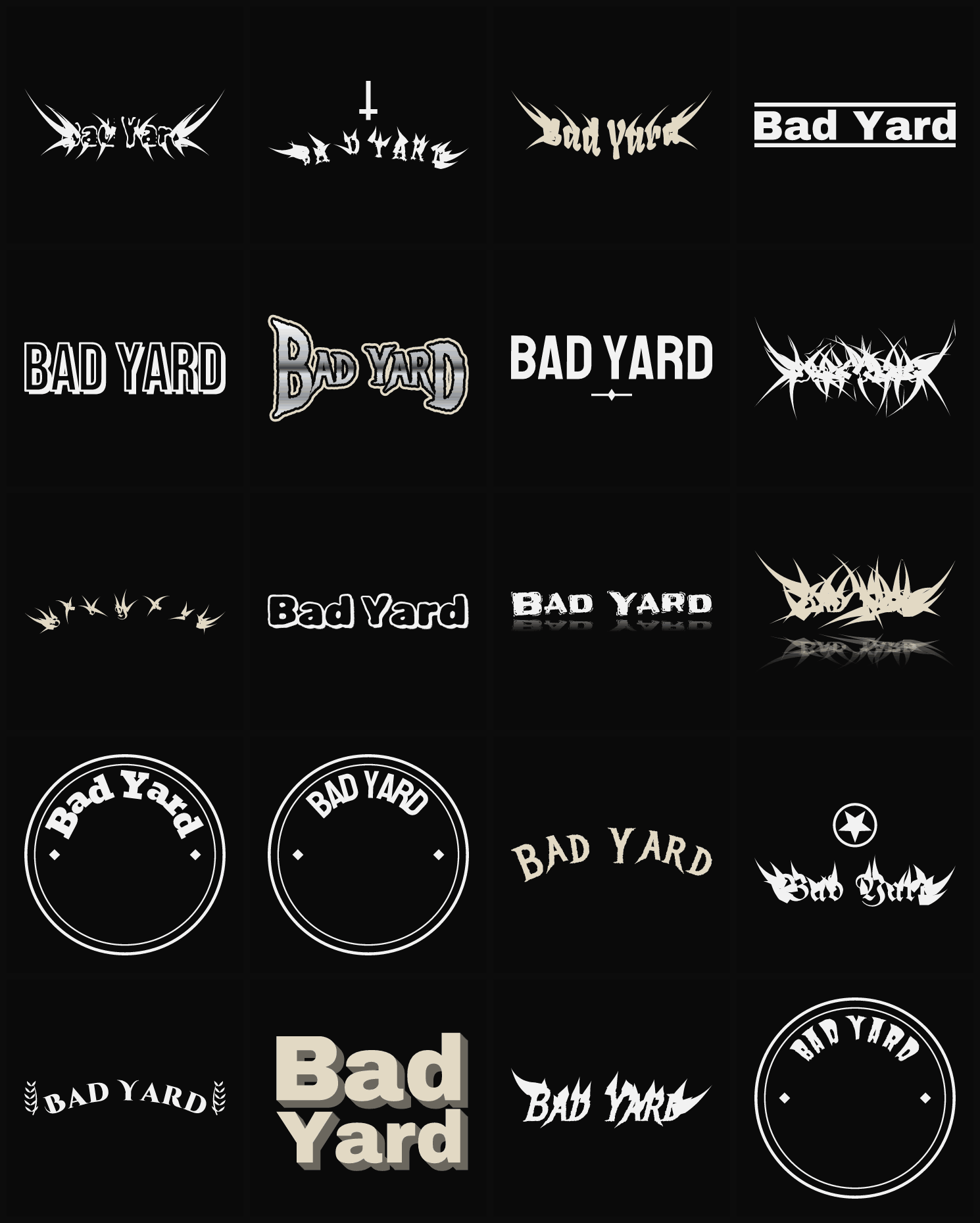 Twenty Bad Yard band logo ideas — different faces, treatments and spike settings
