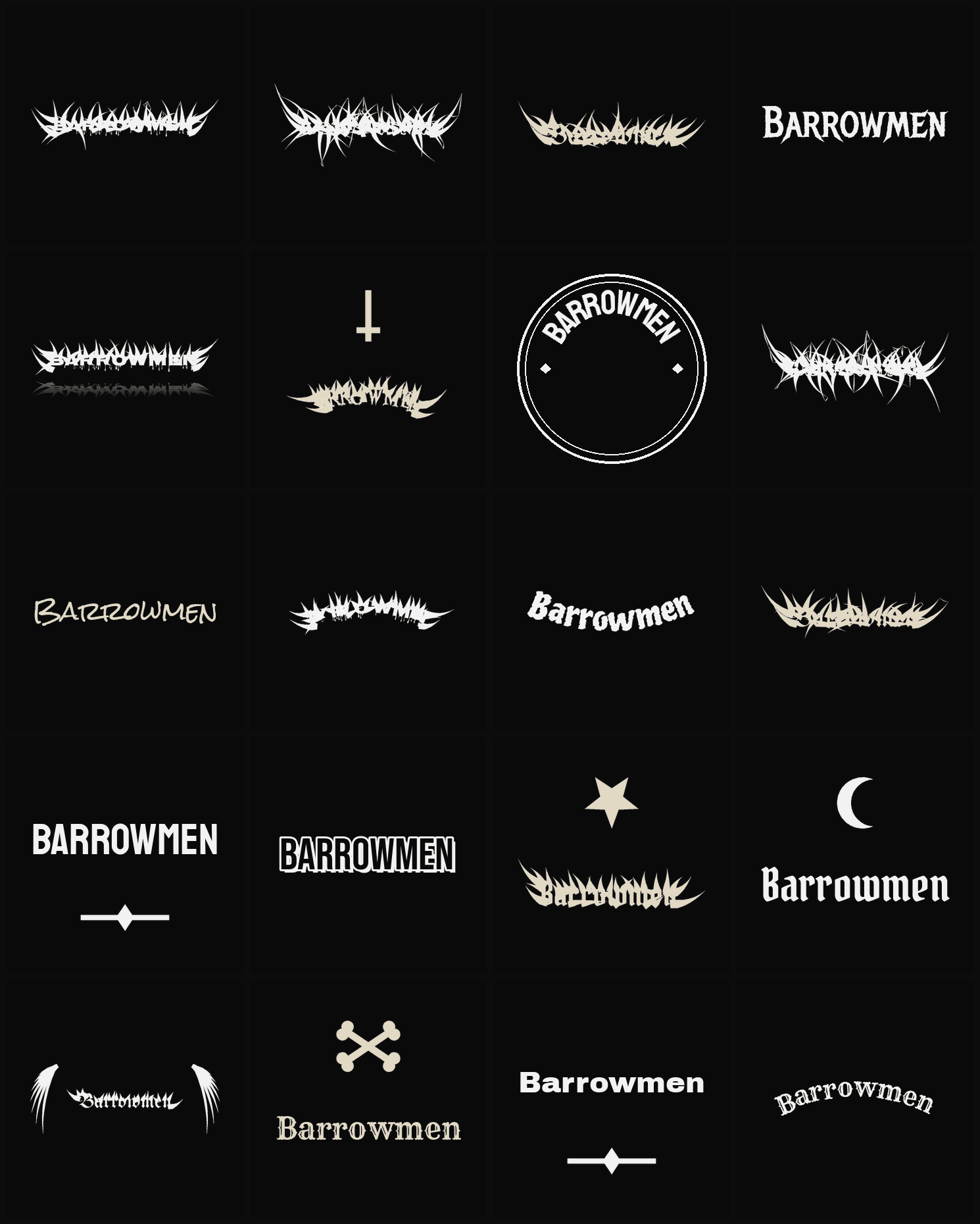 Twenty Barrowmen band logo ideas — different faces, treatments and spike settings