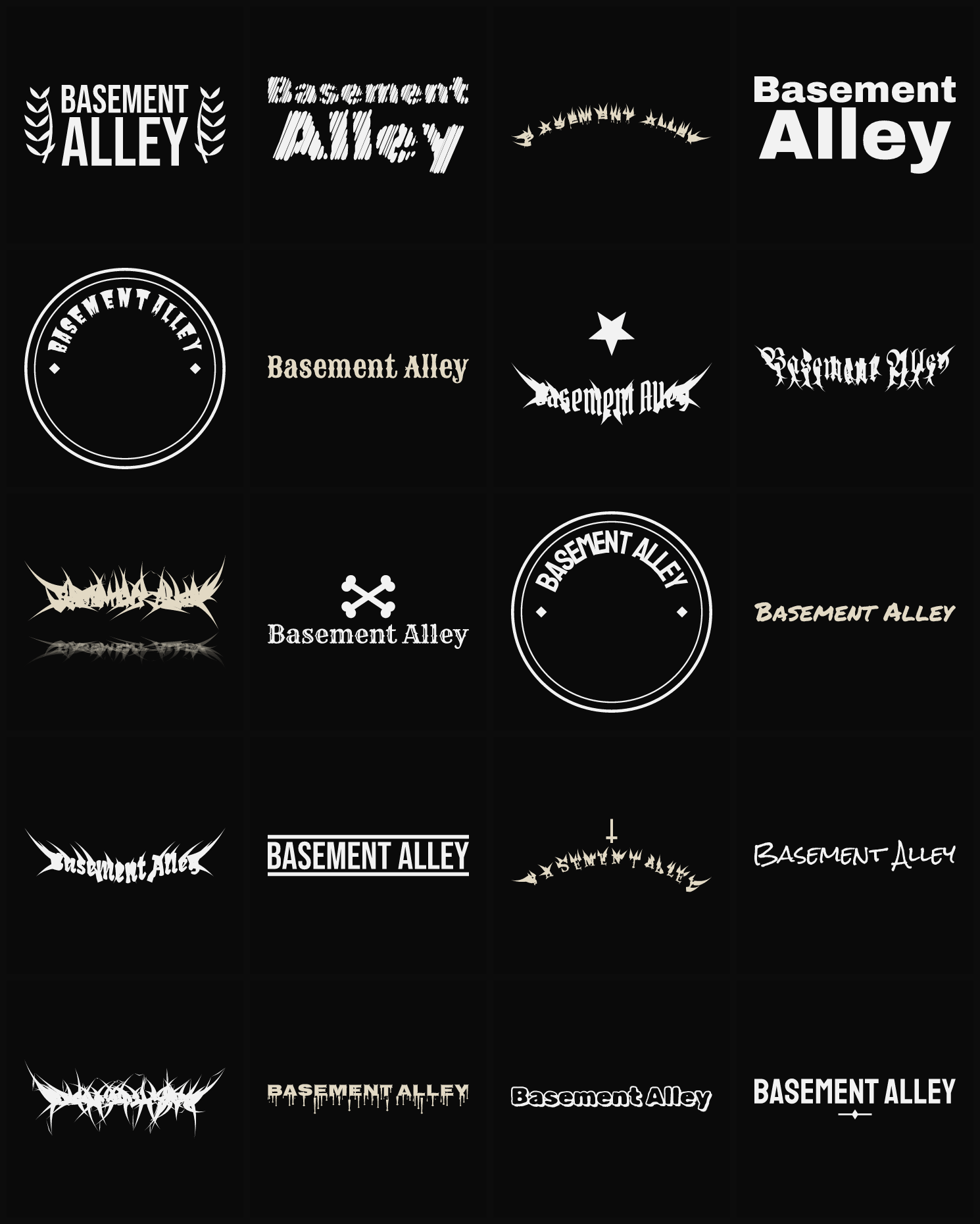 Twenty Basement Alley band logo ideas — different faces, treatments and spike settings