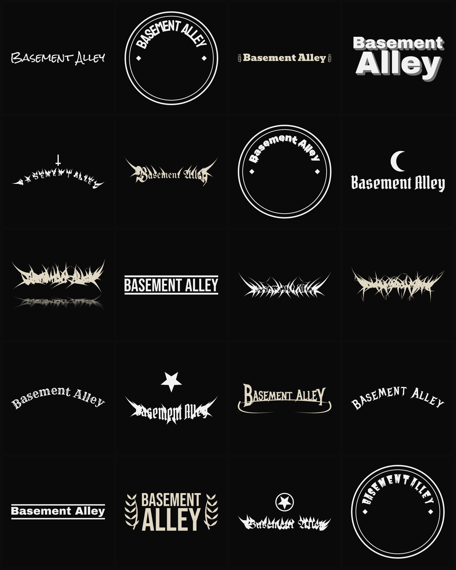 Twenty Basement Alley band logo ideas — different faces, treatments and spike settings