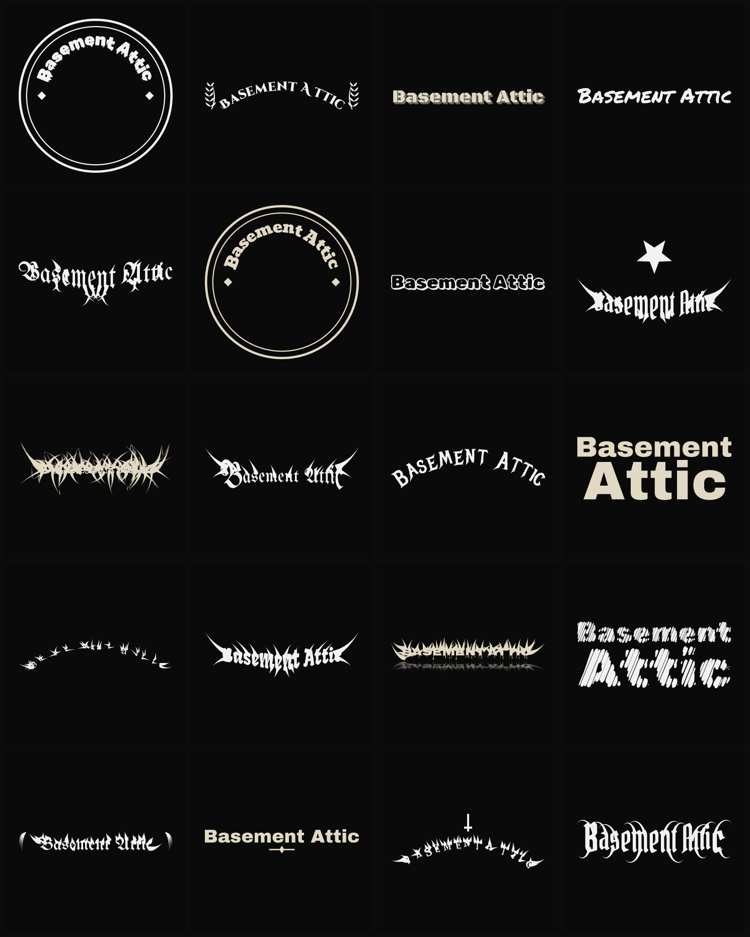 Twenty Basement Attic band logo ideas — different faces, treatments and spike settings