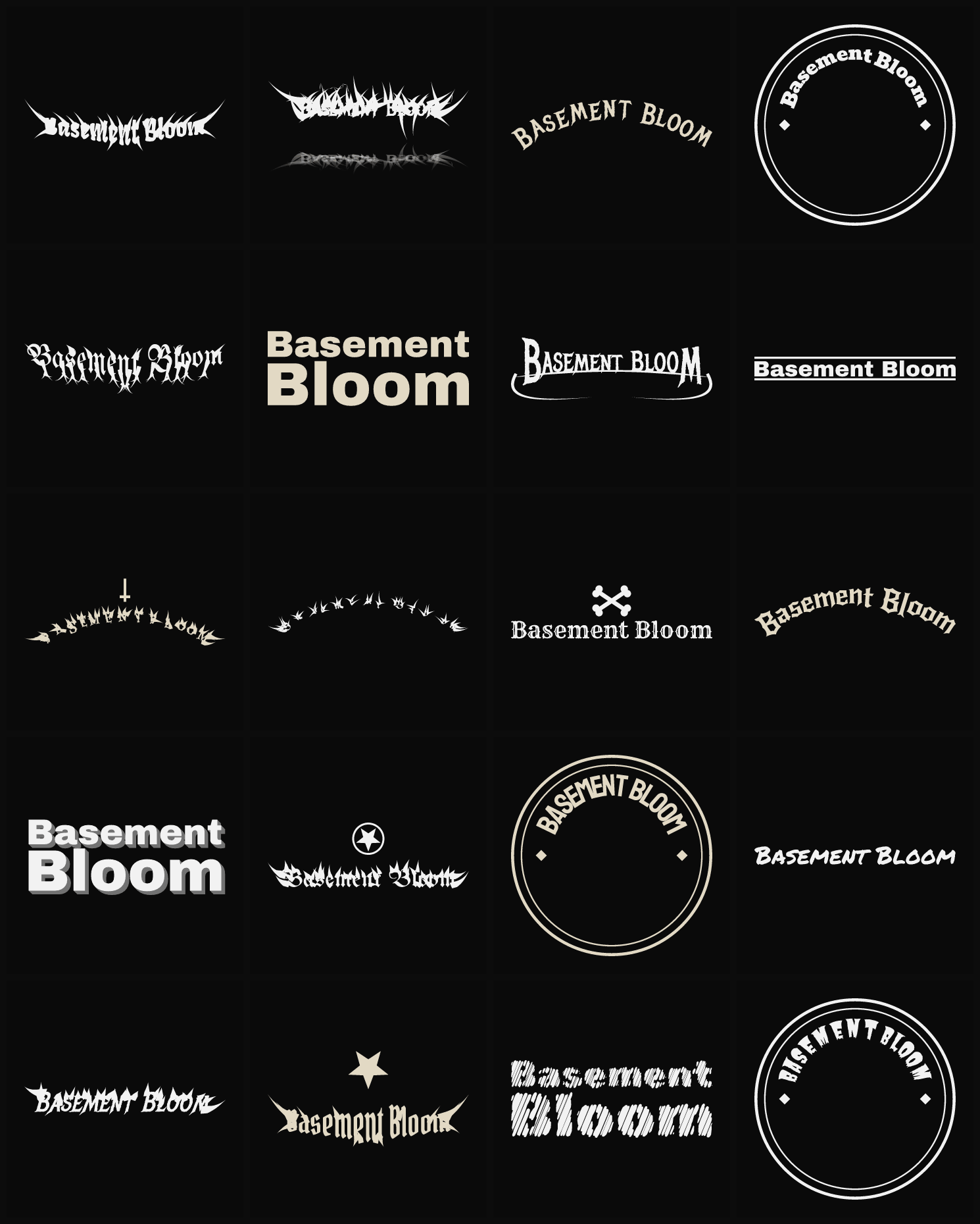 Twenty Basement Bloom band logo ideas — different faces, treatments and spike settings