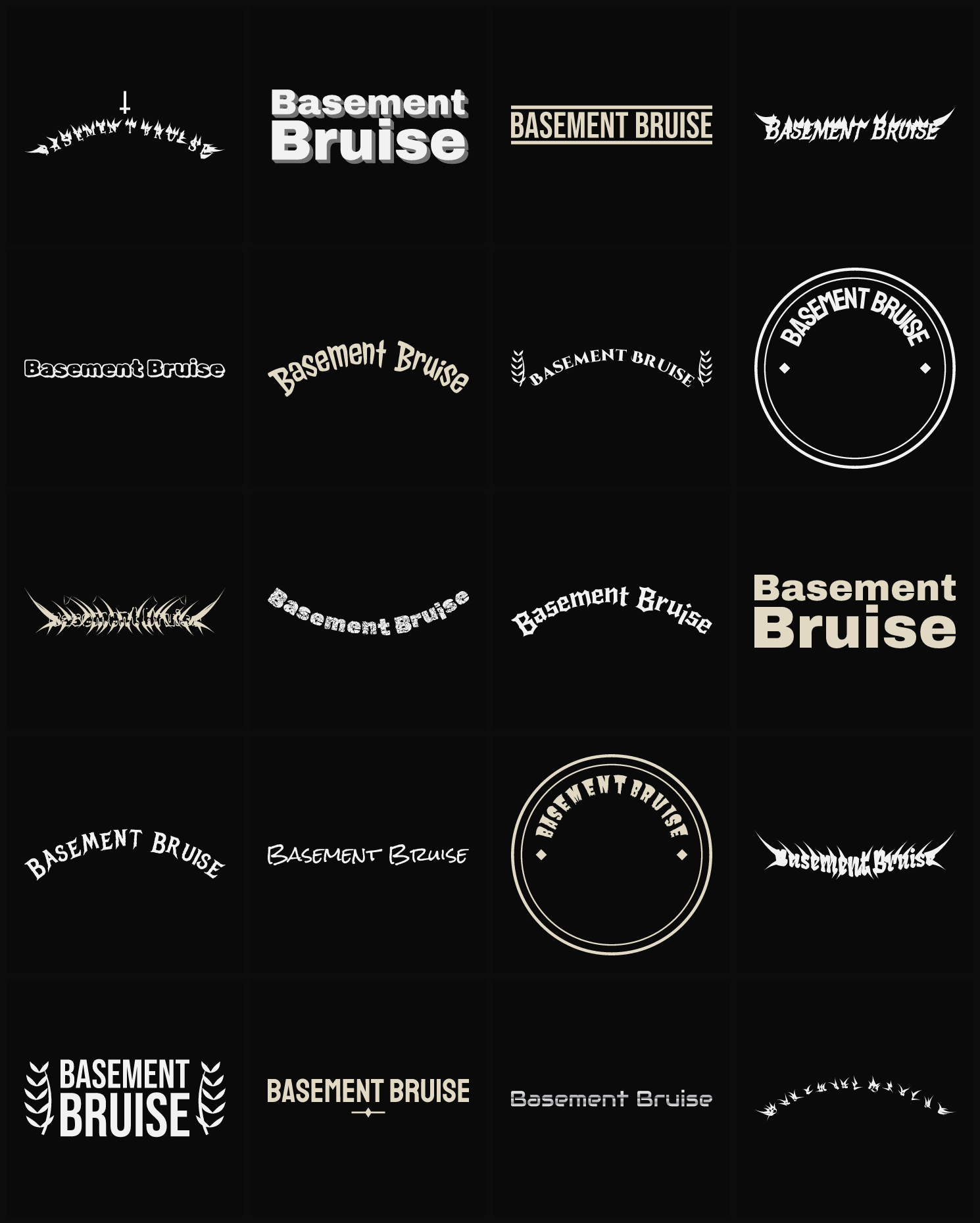 Twenty Basement Bruise band logo ideas — different faces, treatments and spike settings