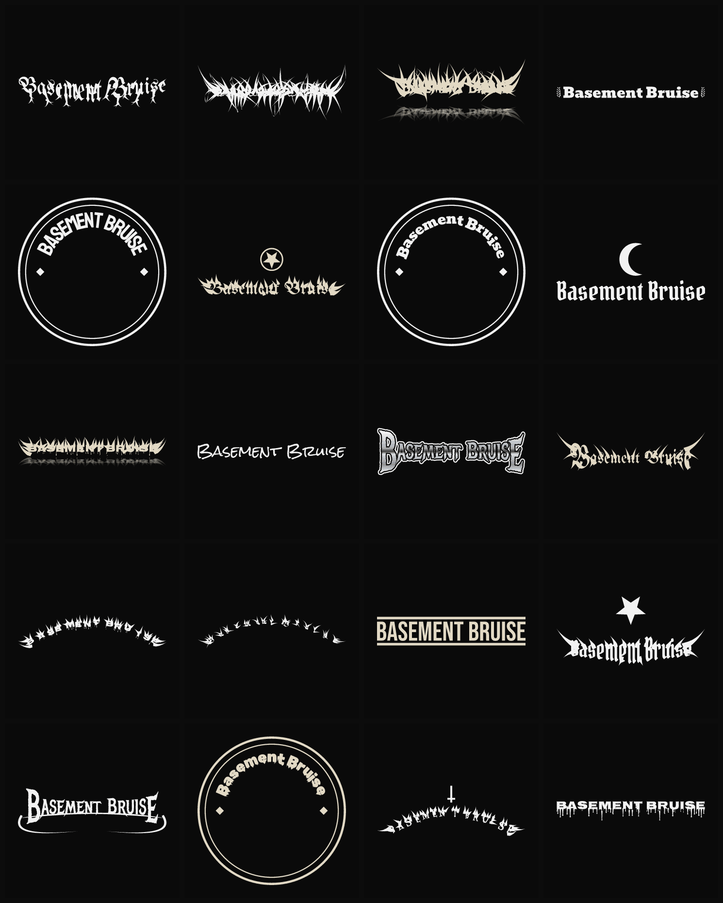 Twenty Basement Bruise band logo ideas — different faces, treatments and spike settings