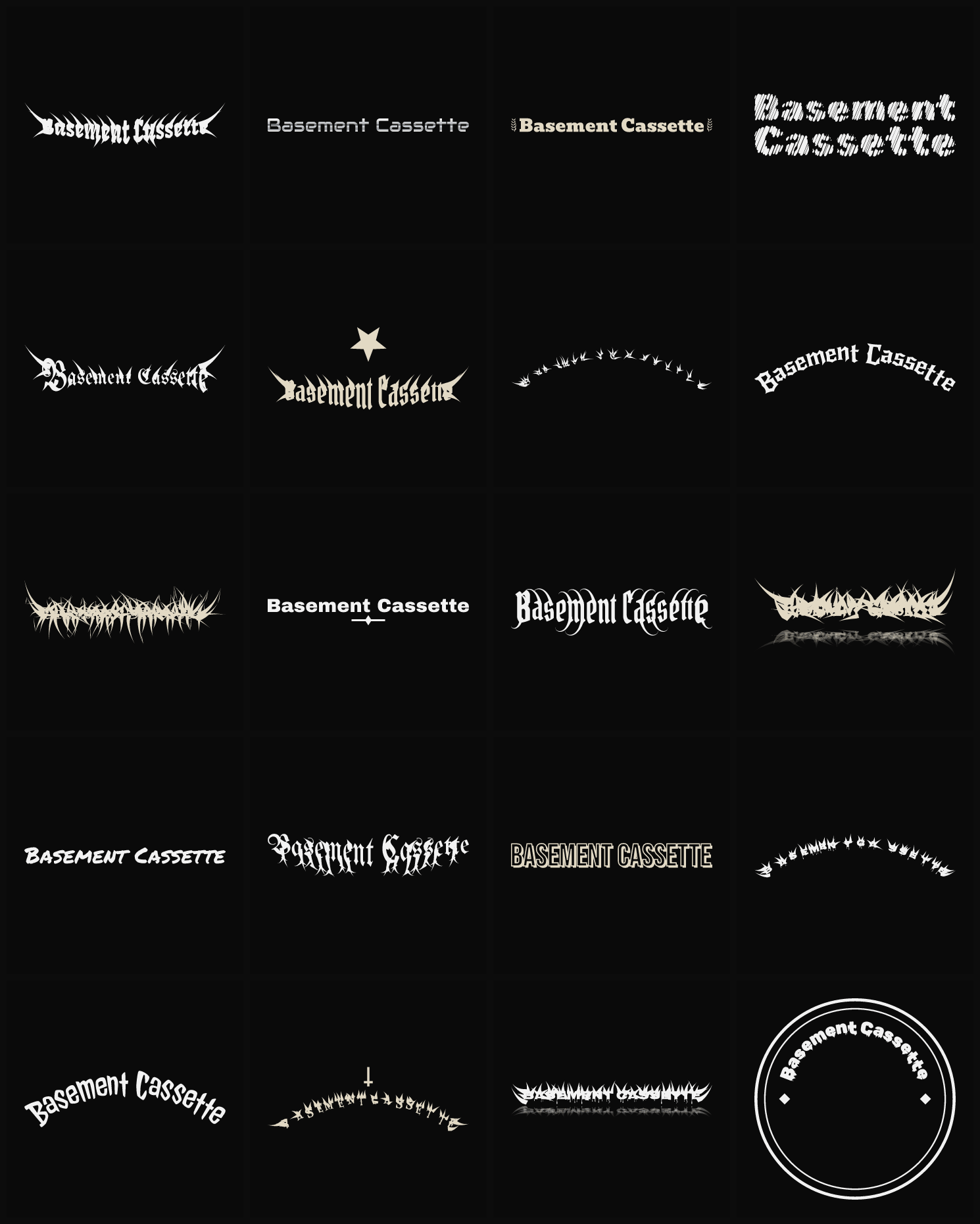 Twenty Basement Cassette band logo ideas — different faces, treatments and spike settings