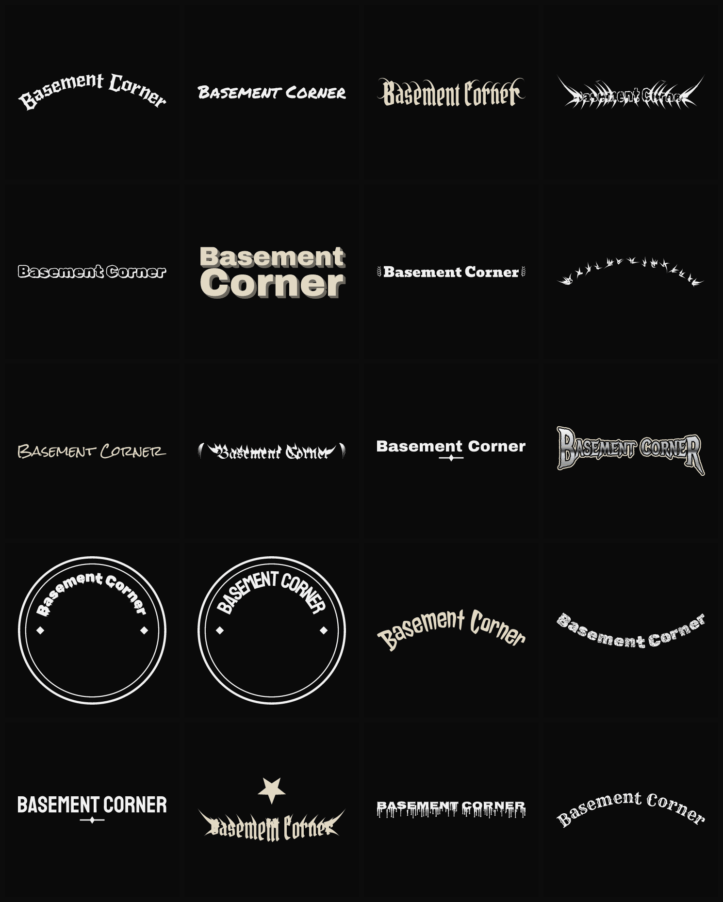 Twenty Basement Corner band logo ideas — different faces, treatments and spike settings