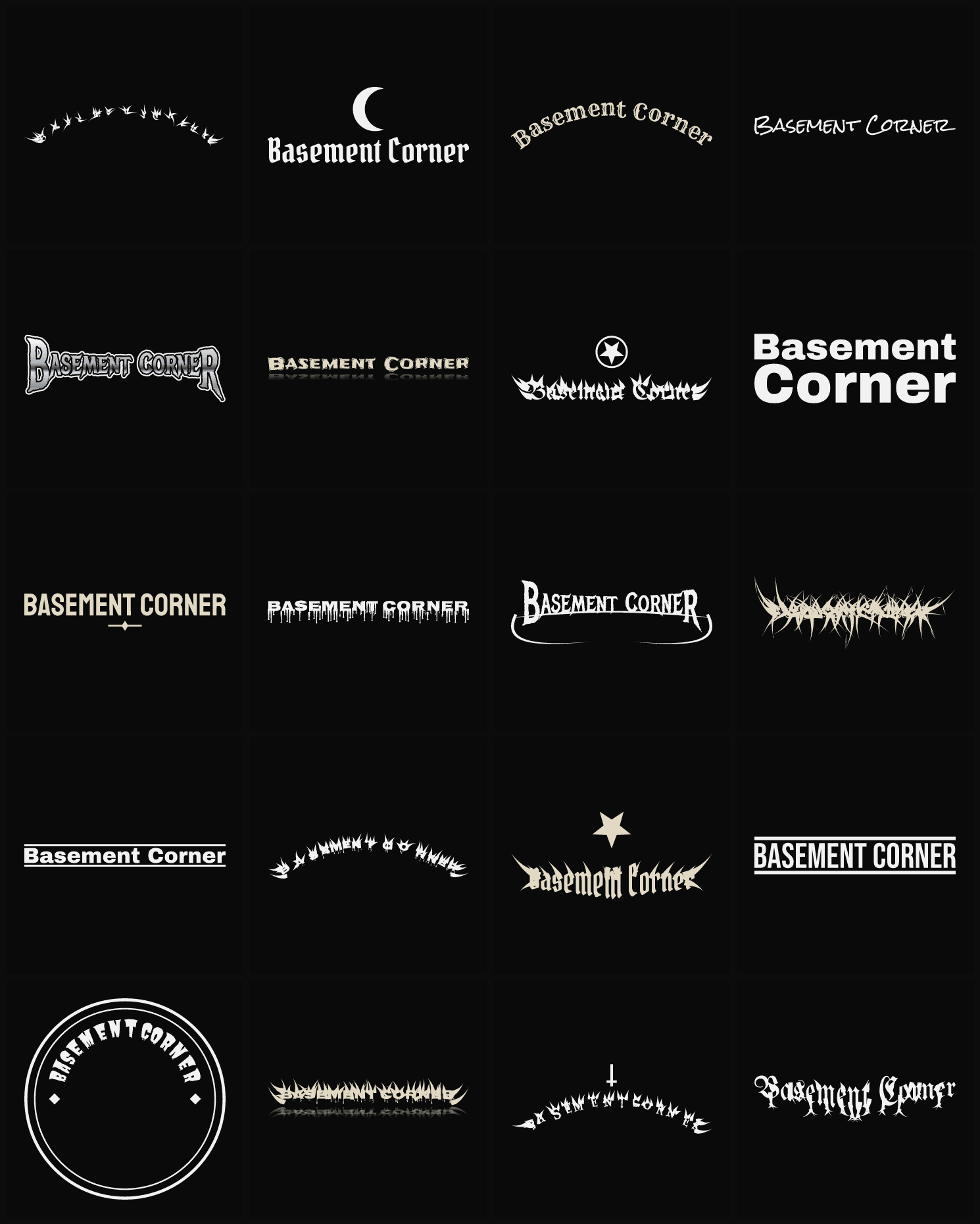 Twenty Basement Corner band logo ideas — different faces, treatments and spike settings