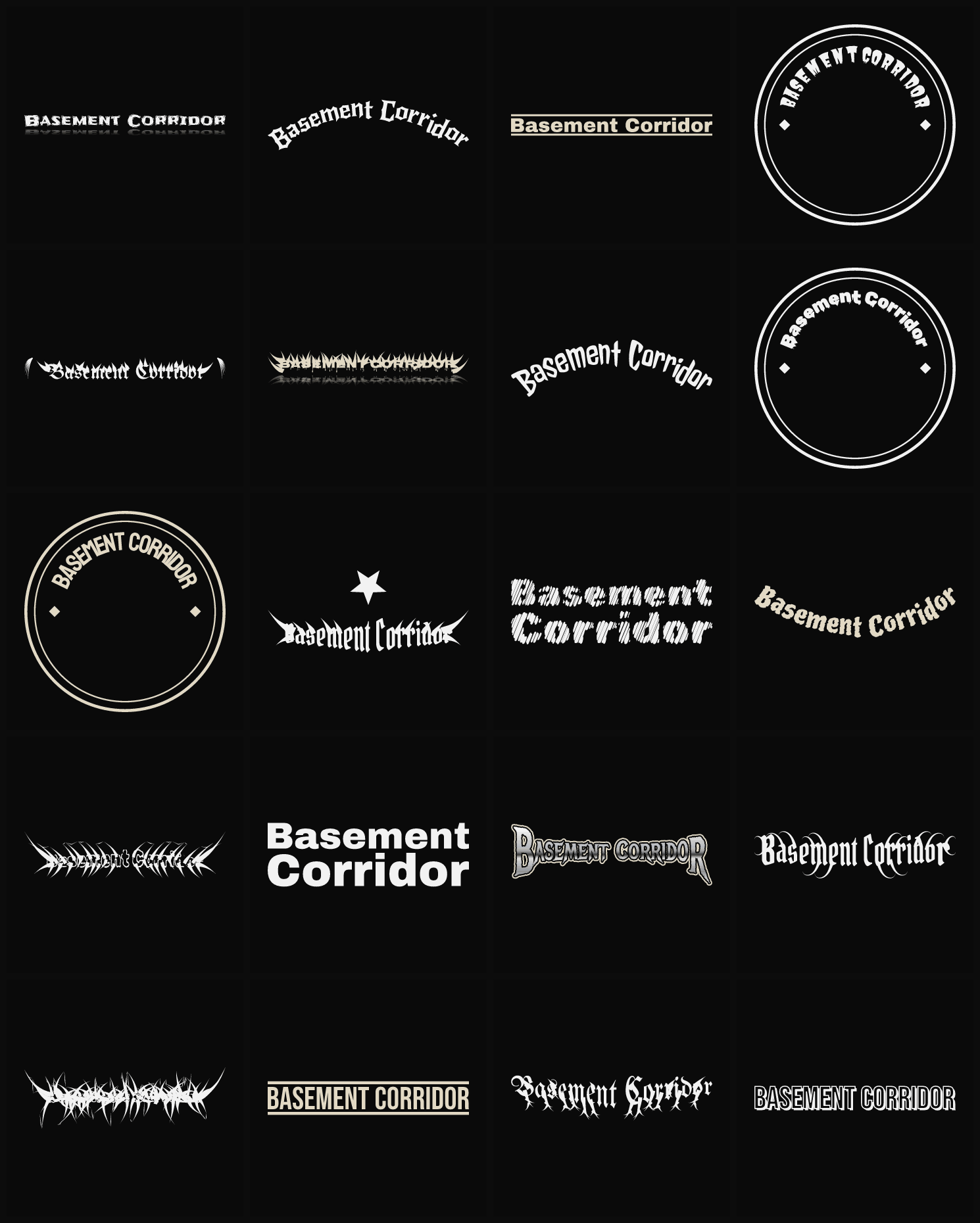 Twenty Basement Corridor band logo ideas — different faces, treatments and spike settings