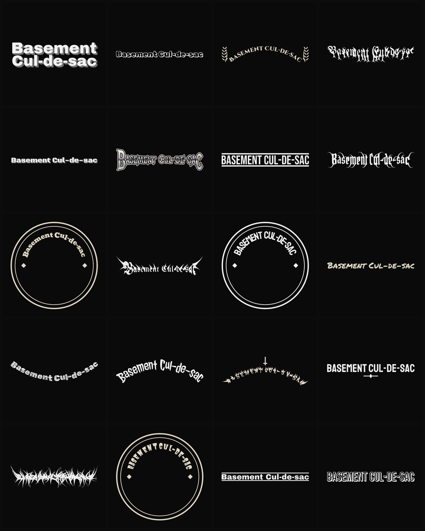 Twenty Basement Cul-de-sac band logo ideas — different faces, treatments and spike settings