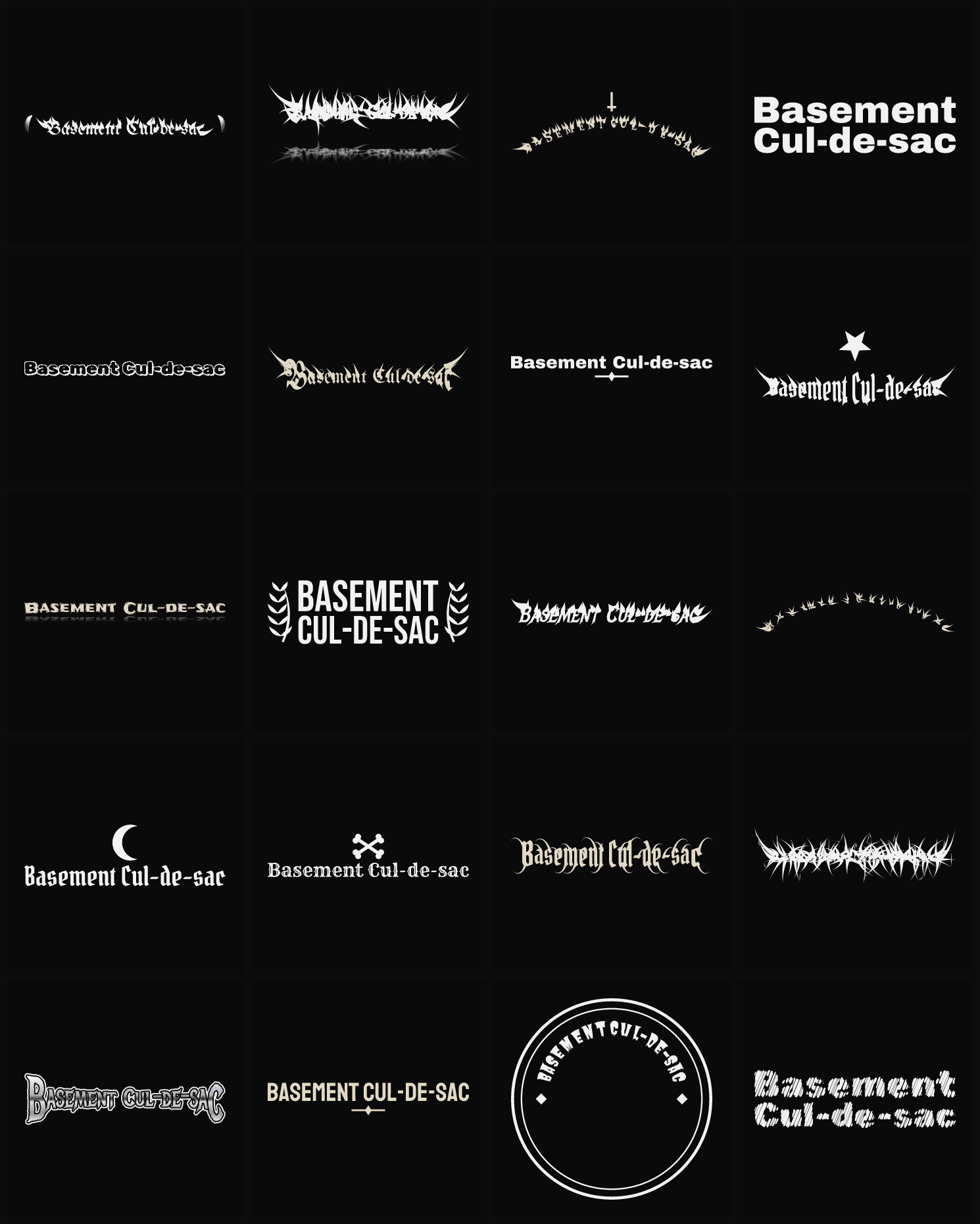 Twenty Basement Cul-de-sac band logo ideas — different faces, treatments and spike settings