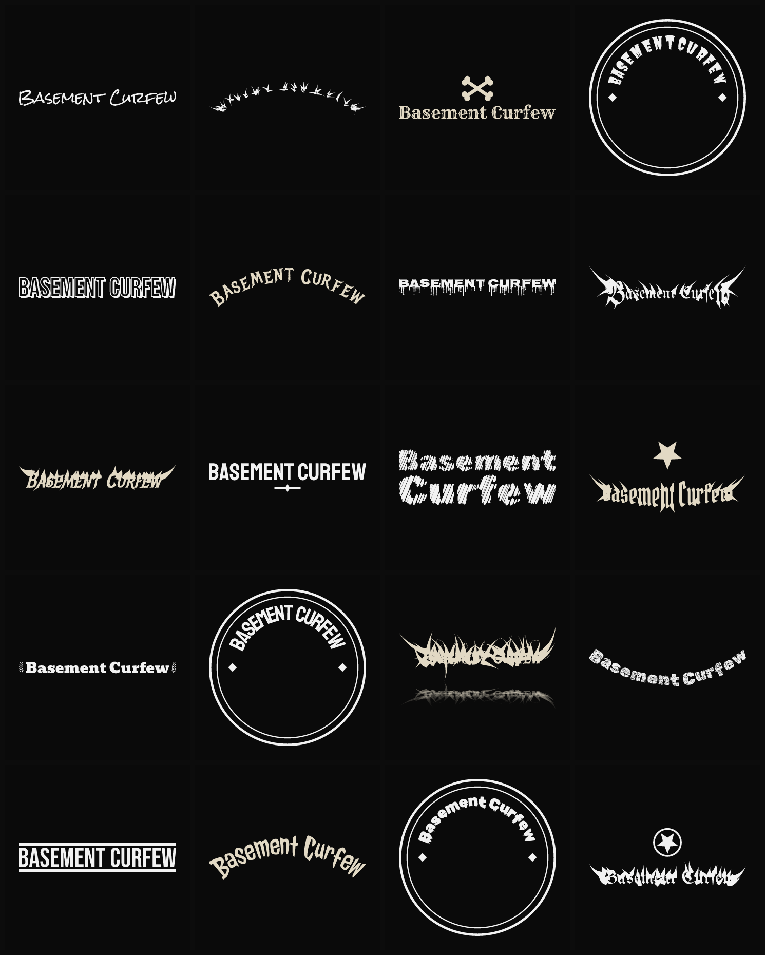 Twenty Basement Curfew band logo ideas — different faces, treatments and spike settings