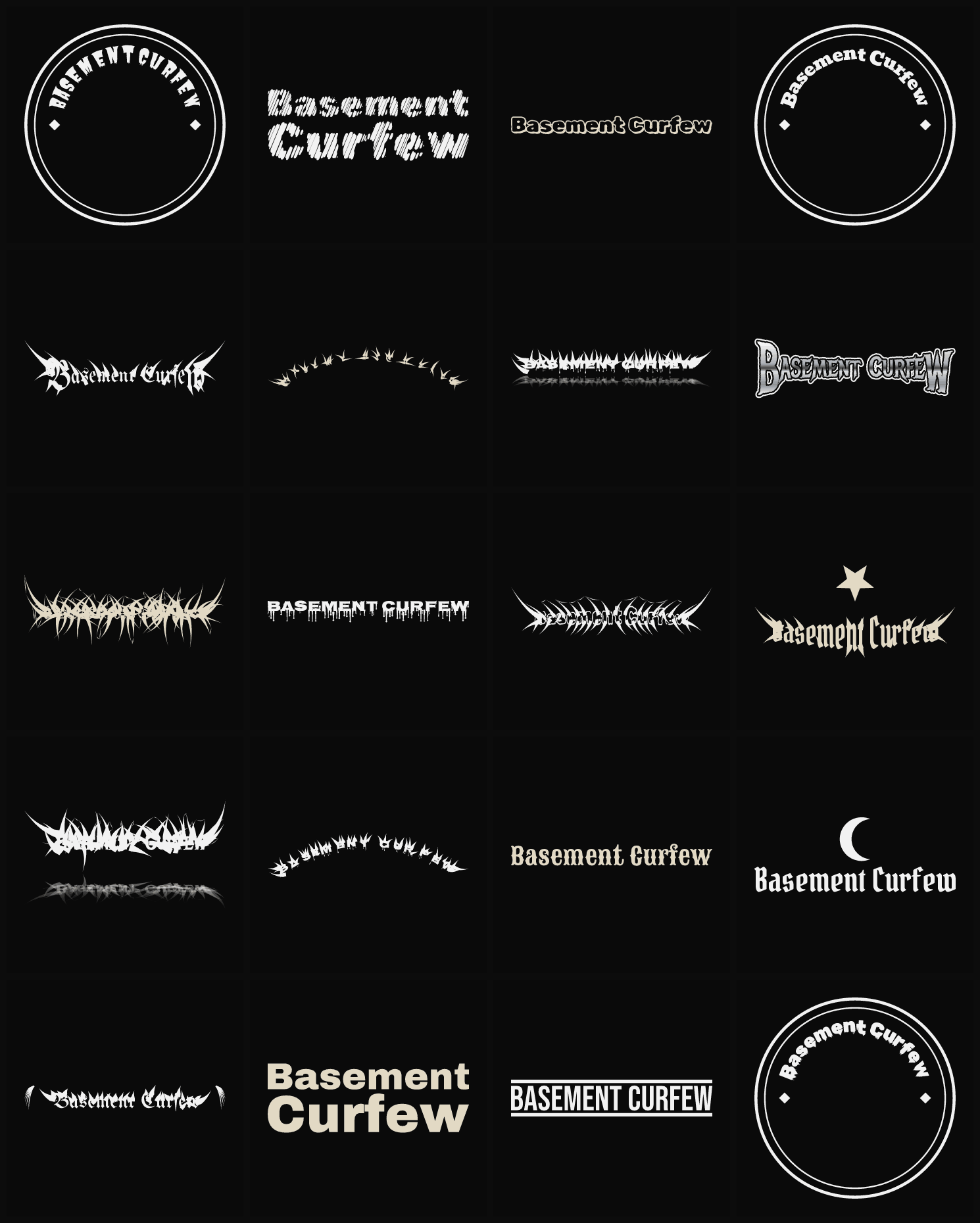 Twenty Basement Curfew band logo ideas — different faces, treatments and spike settings