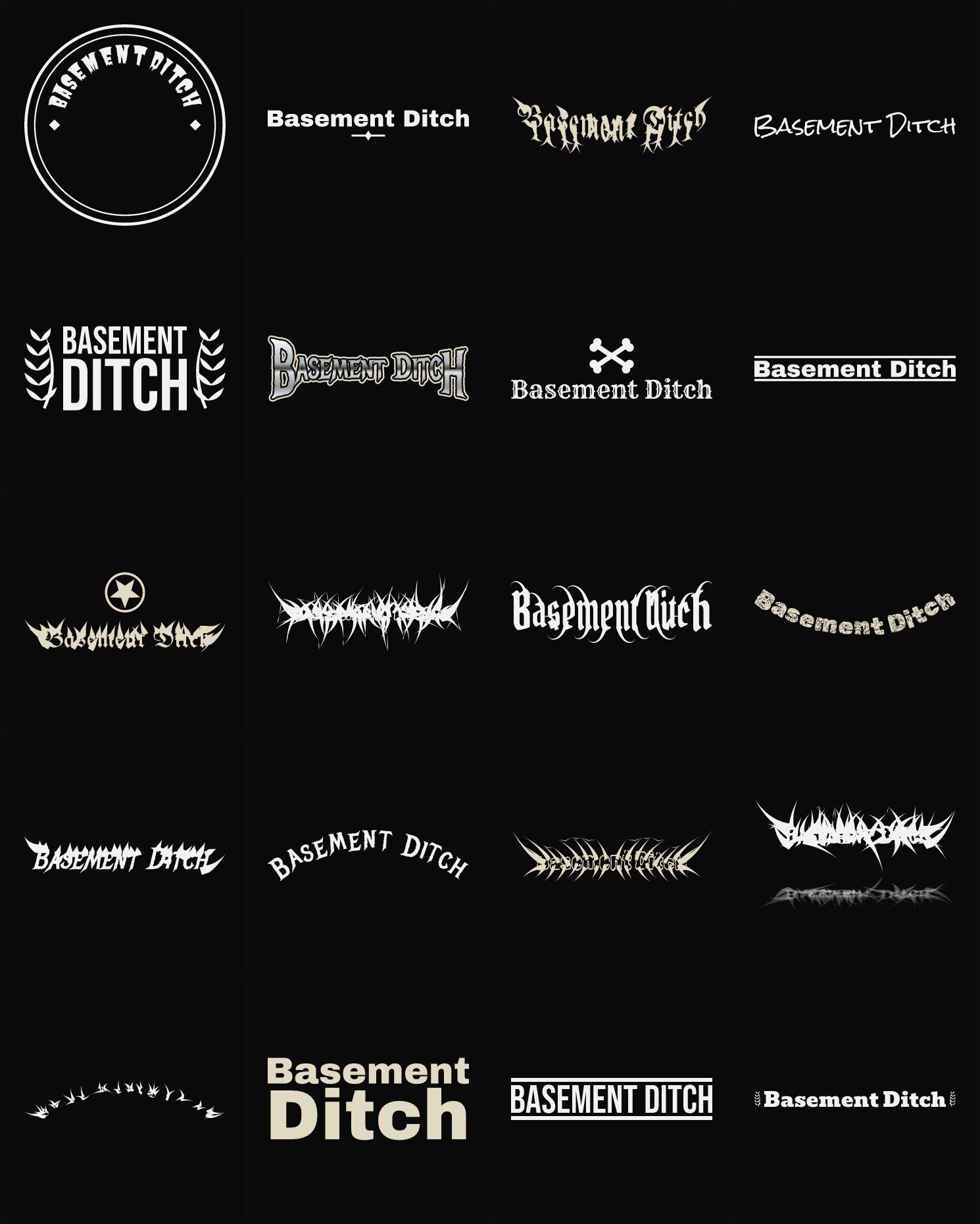 Twenty Basement Ditch band logo ideas — different faces, treatments and spike settings