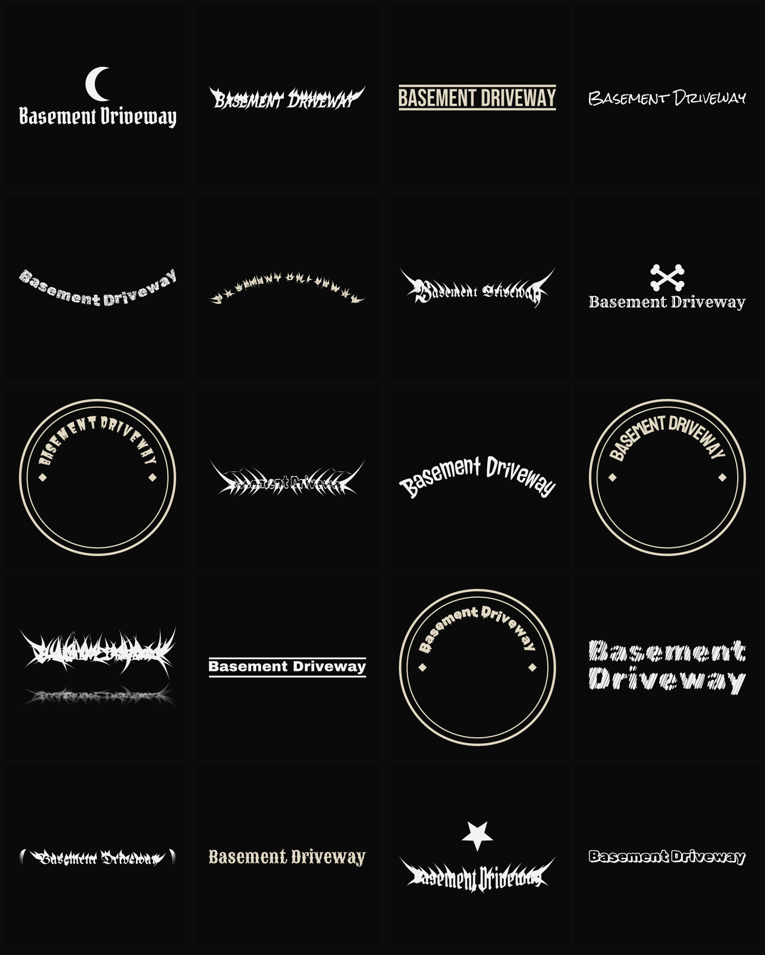 Twenty Basement Driveway band logo ideas — different faces, treatments and spike settings