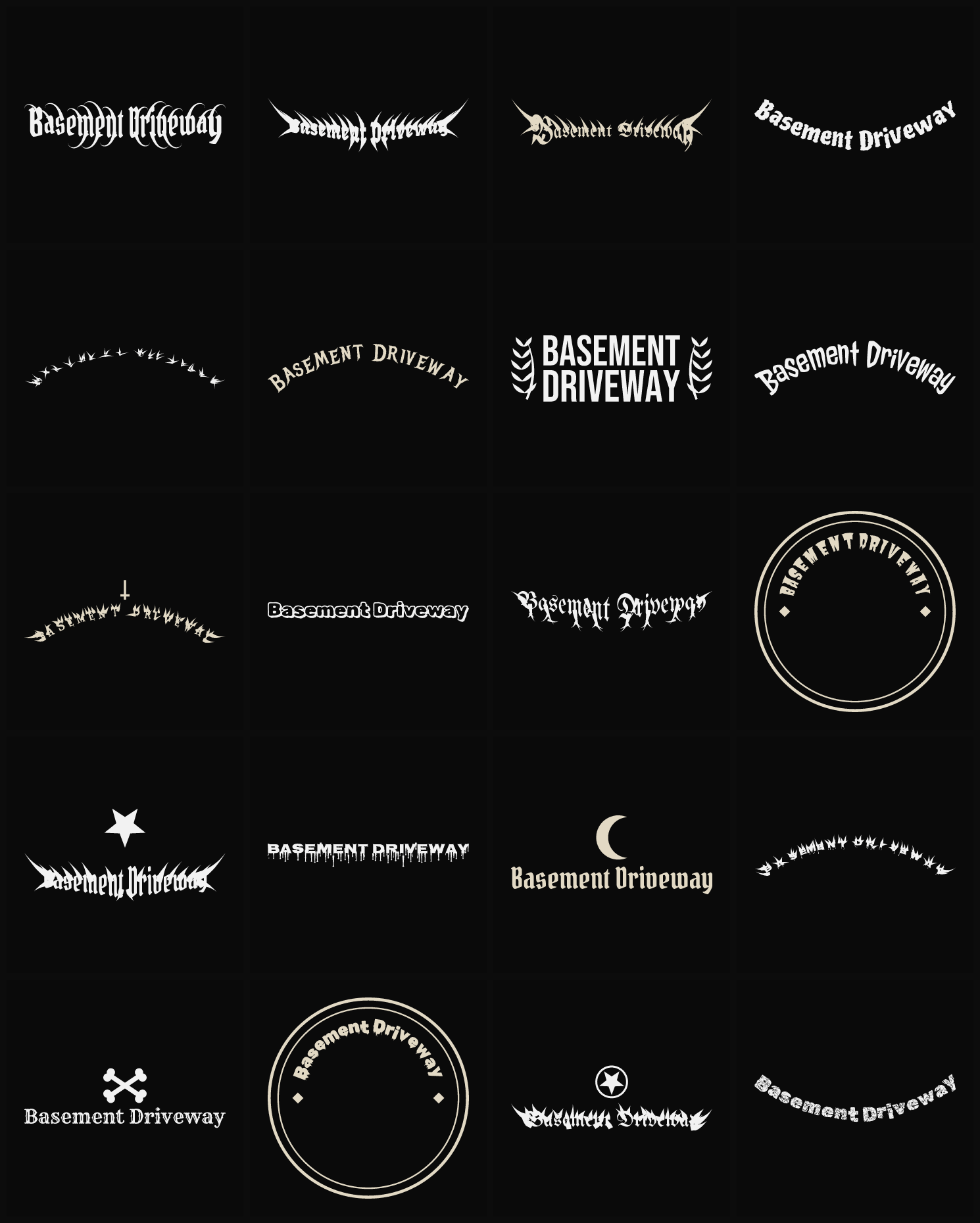 Twenty Basement Driveway band logo ideas — different faces, treatments and spike settings