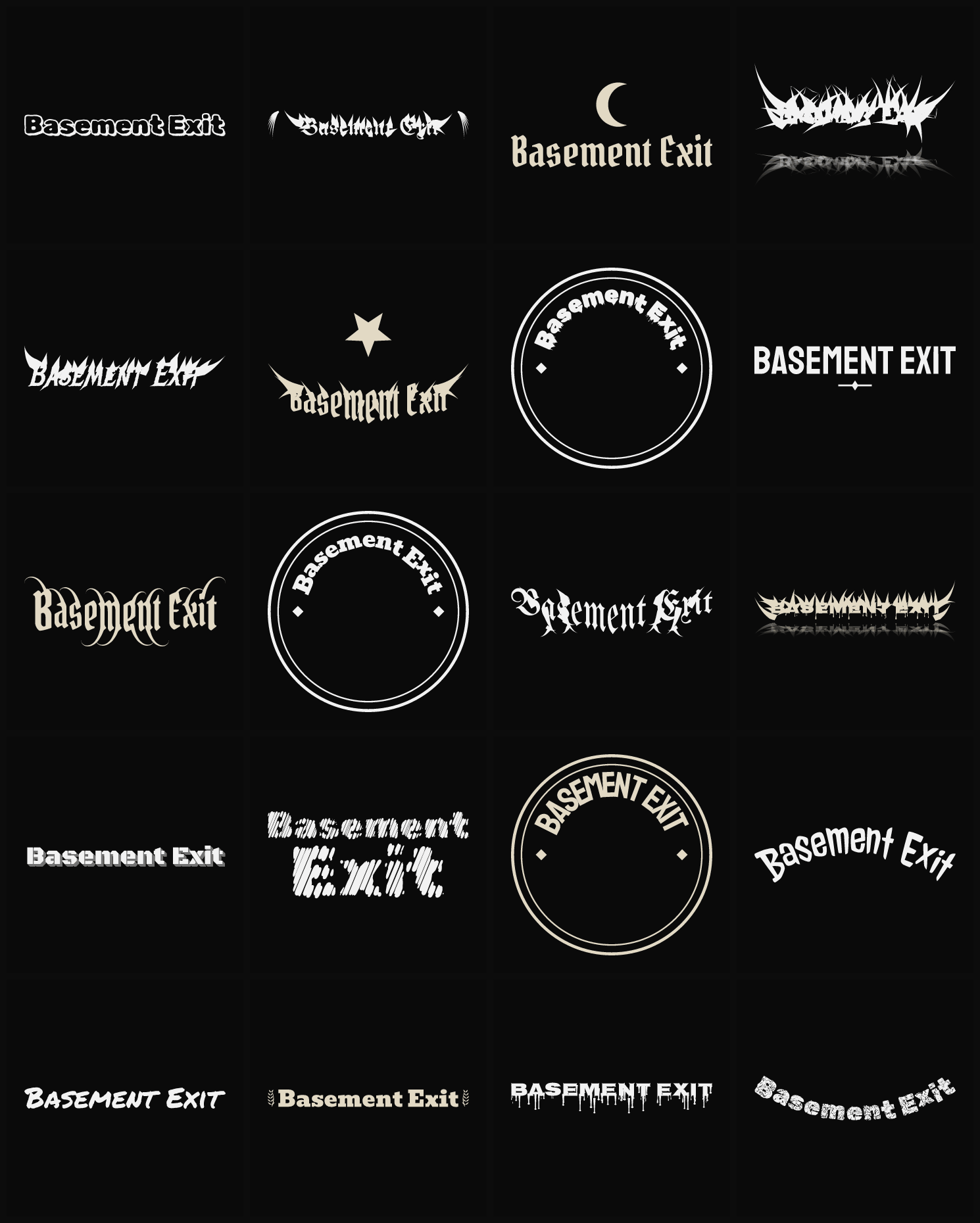Twenty Basement Exit band logo ideas — different faces, treatments and spike settings