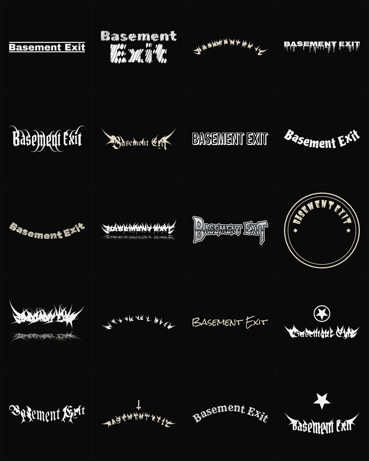 Twenty Basement Exit band logo ideas — different faces, treatments and spike settings