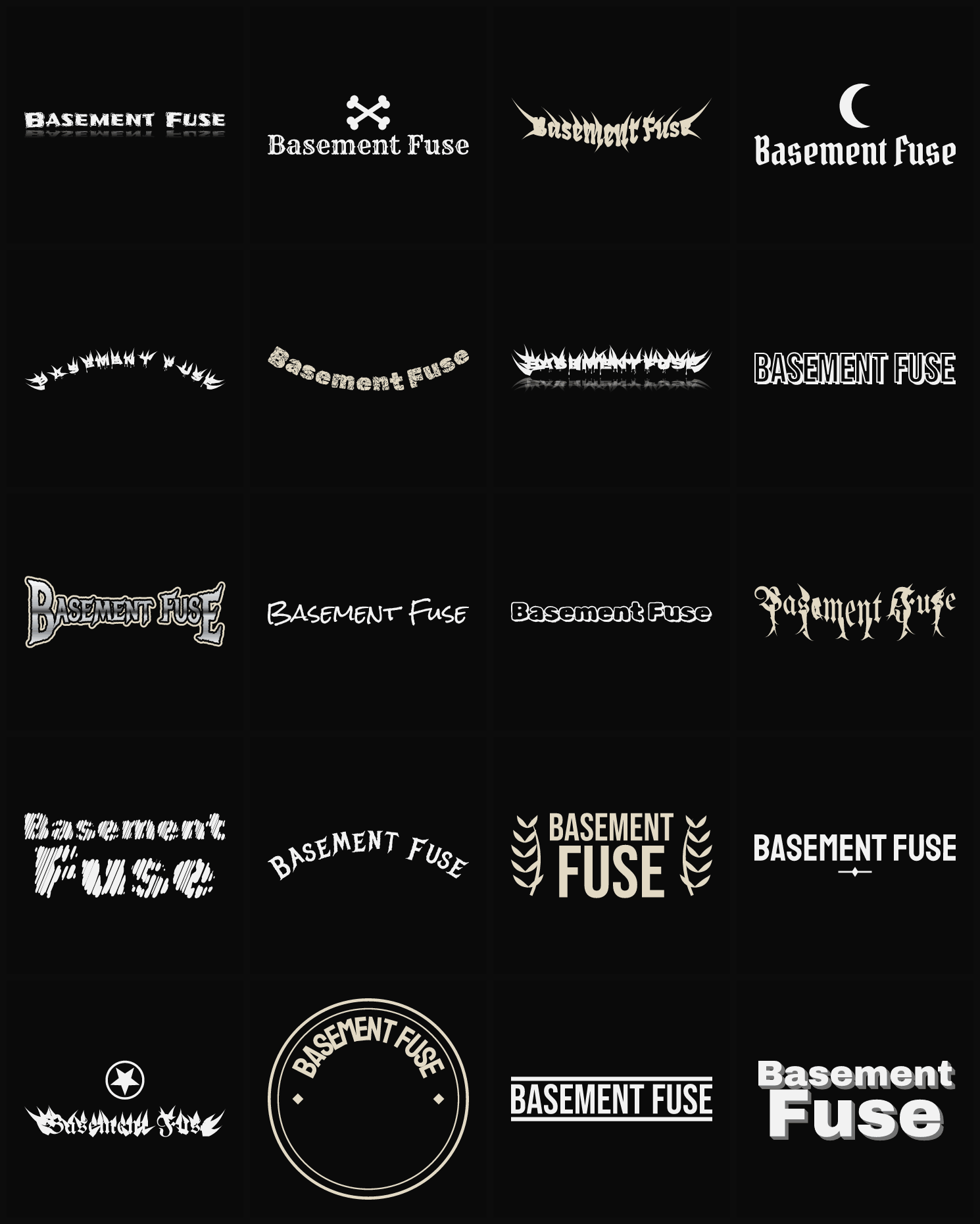 Twenty Basement Fuse band logo ideas — different faces, treatments and spike settings