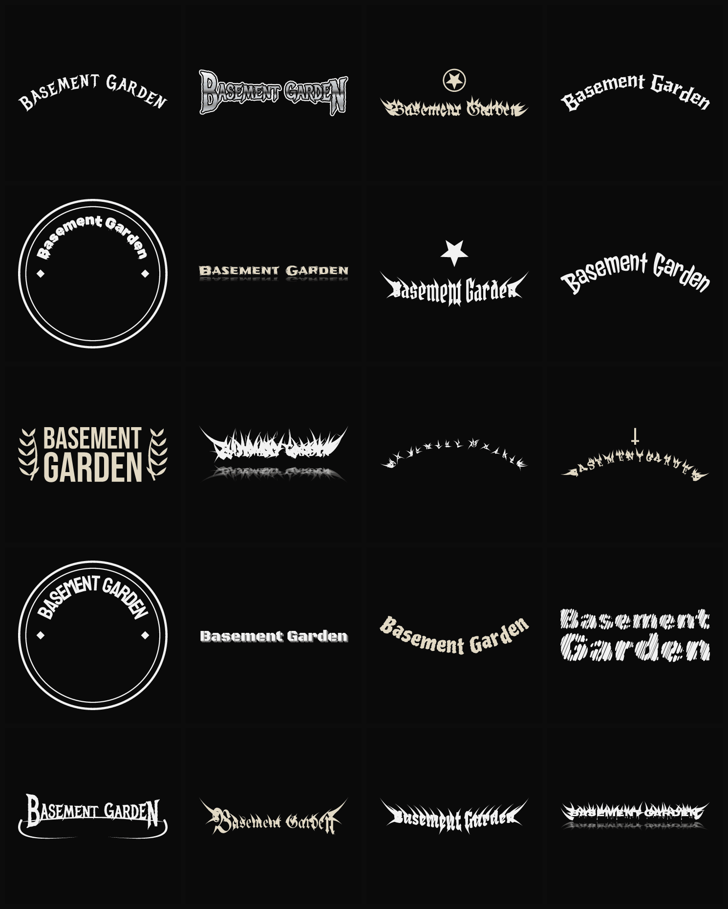 Twenty Basement Garden band logo ideas — different faces, treatments and spike settings