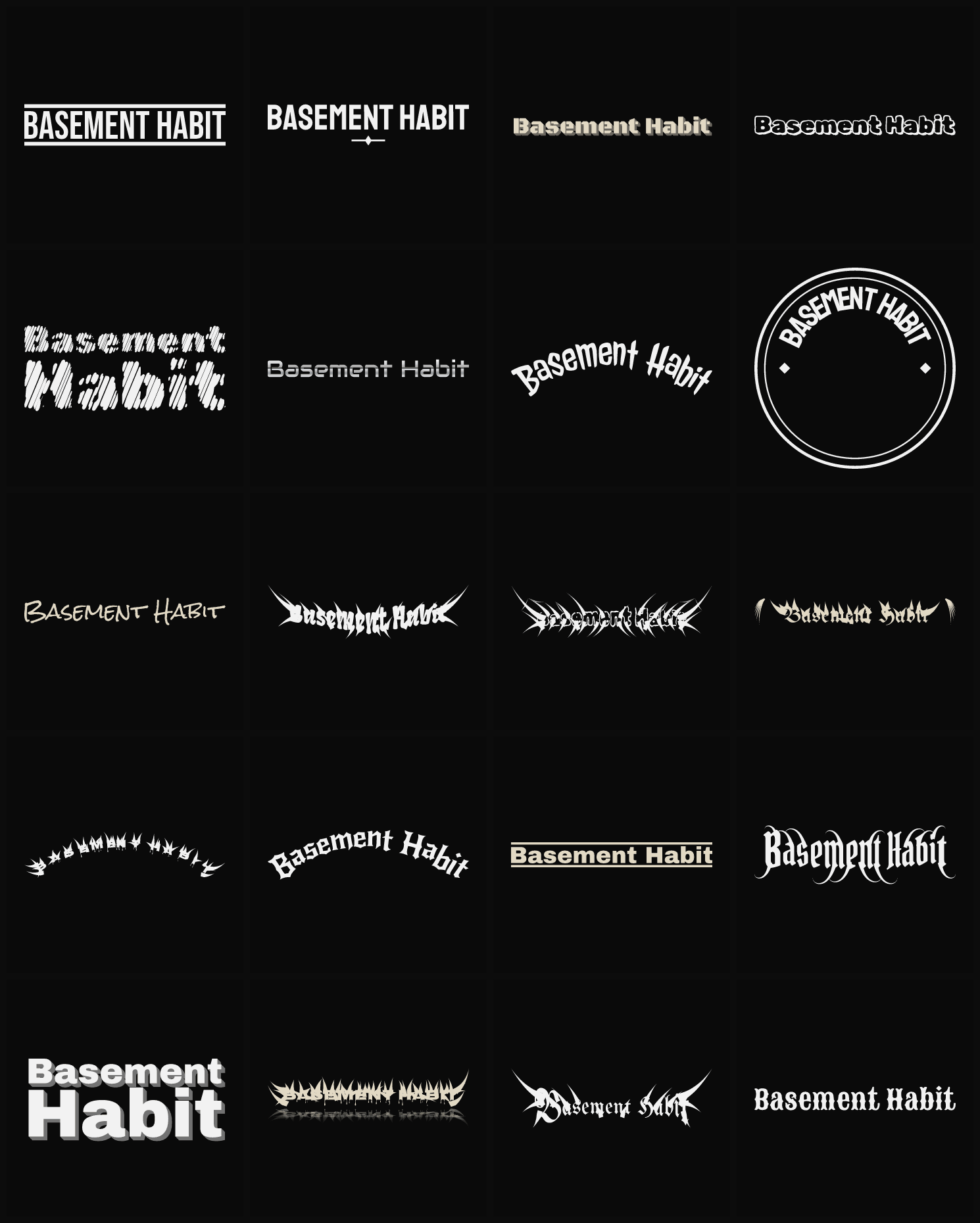 Twenty Basement Habit band logo ideas — different faces, treatments and spike settings