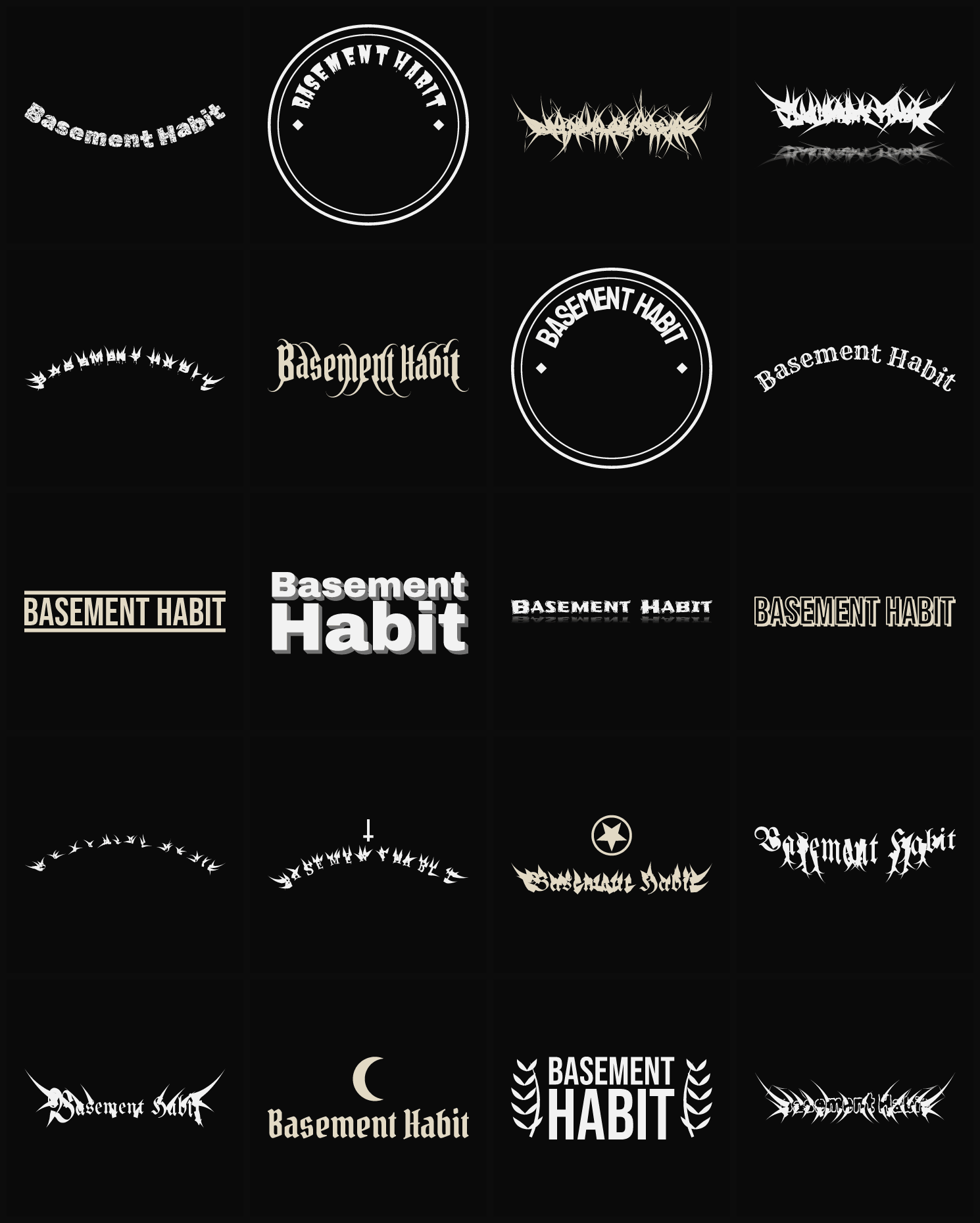 Twenty Basement Habit band logo ideas — different faces, treatments and spike settings