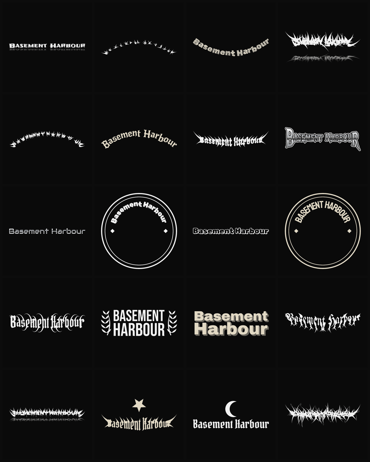 Twenty Basement Harbour band logo ideas — different faces, treatments and spike settings