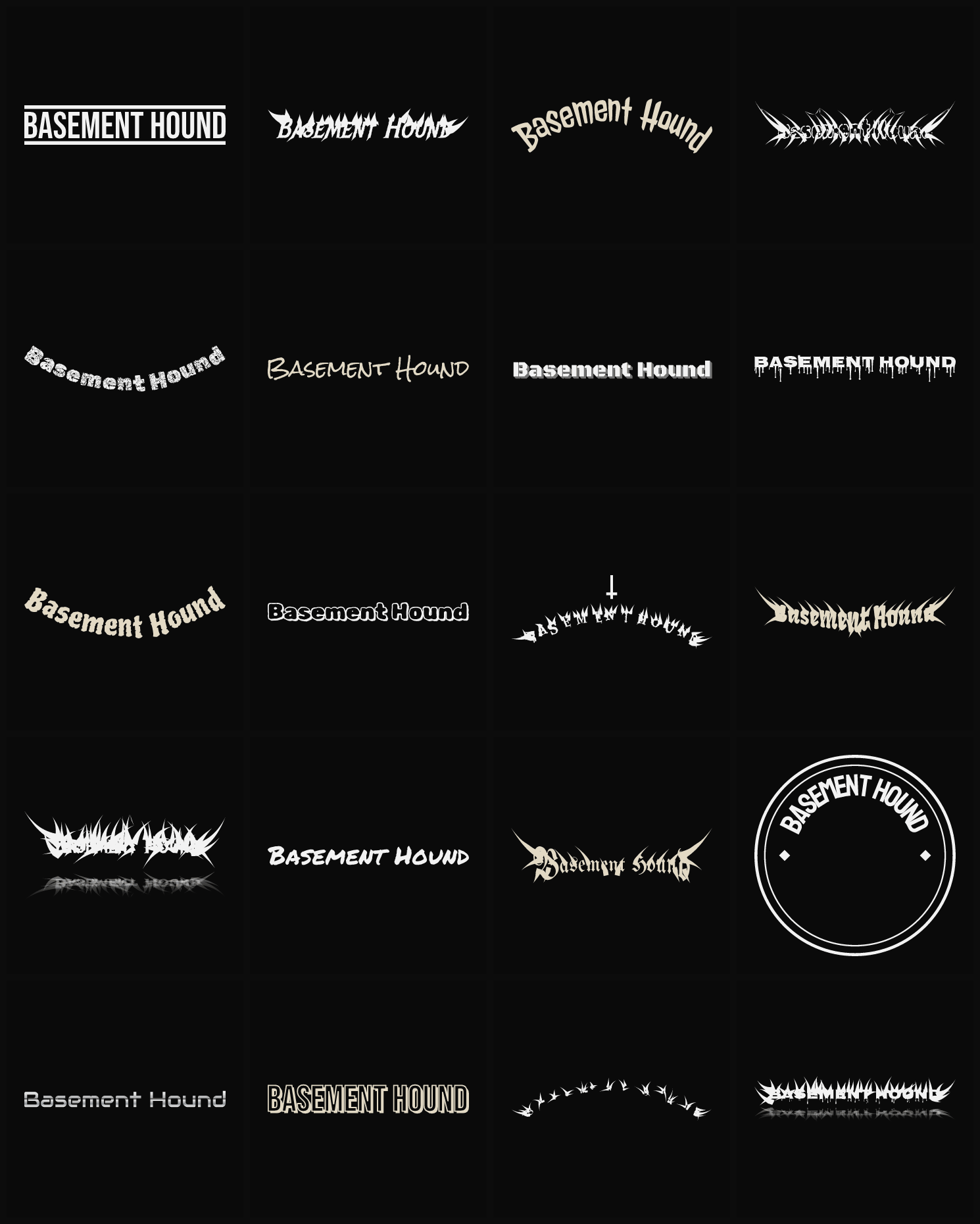 Twenty Basement Hound band logo ideas — different faces, treatments and spike settings