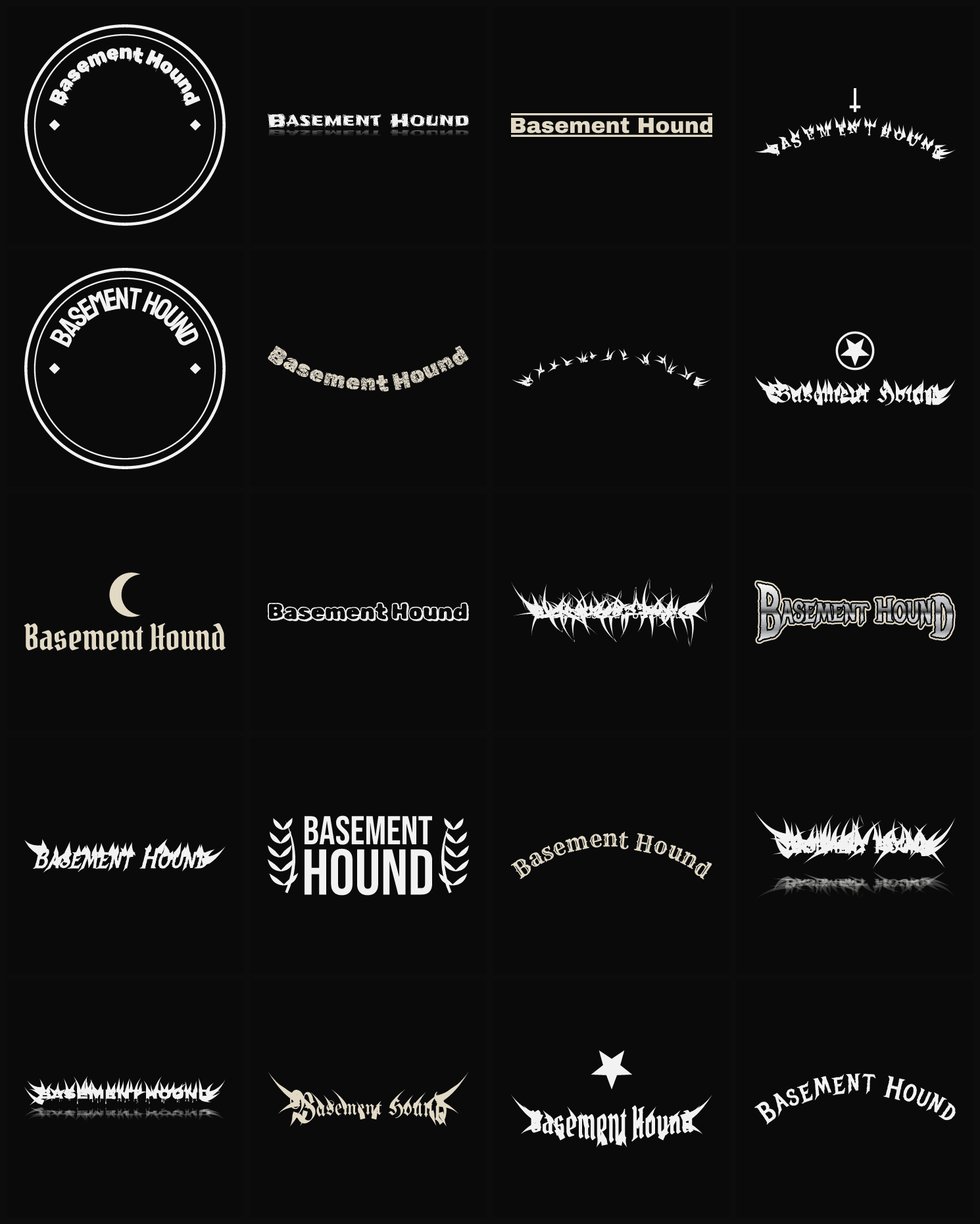 Twenty Basement Hound band logo ideas — different faces, treatments and spike settings