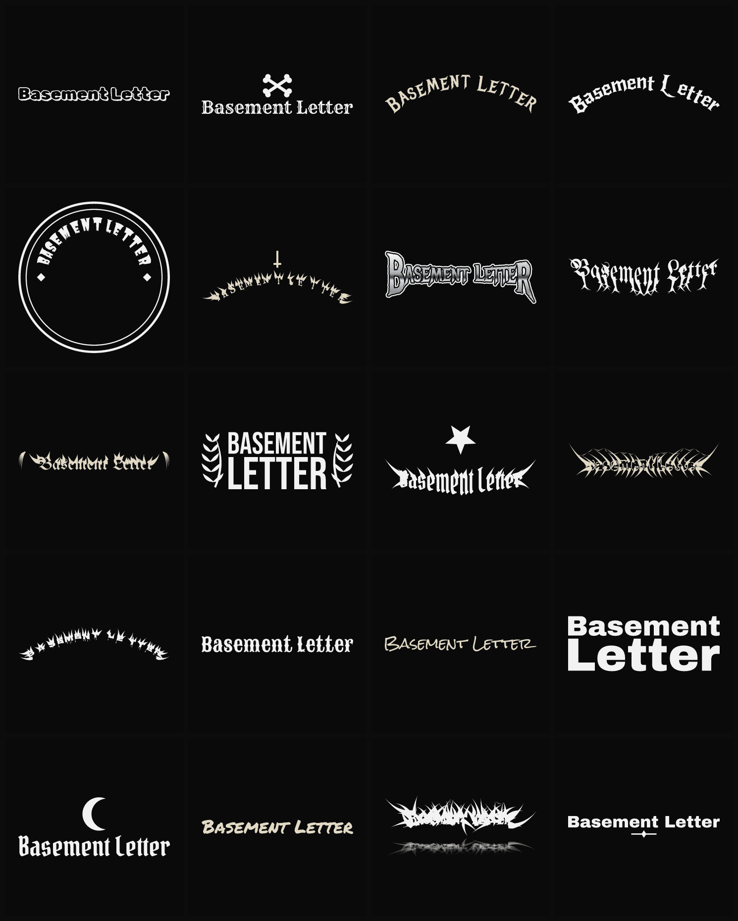 Twenty Basement Letter band logo ideas — different faces, treatments and spike settings
