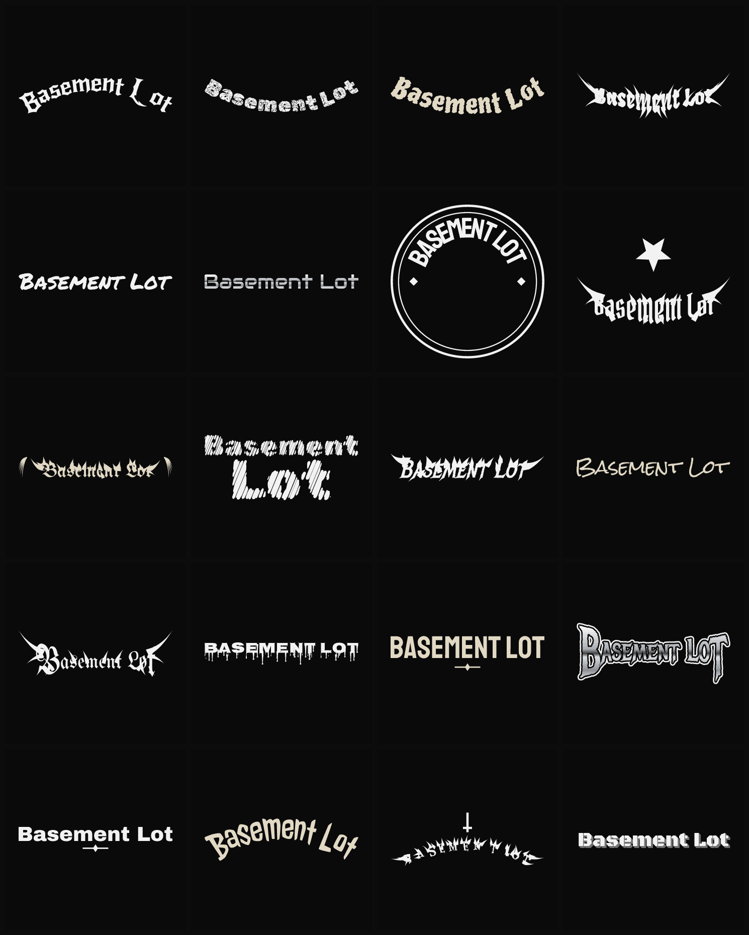Twenty Basement Lot band logo ideas — different faces, treatments and spike settings