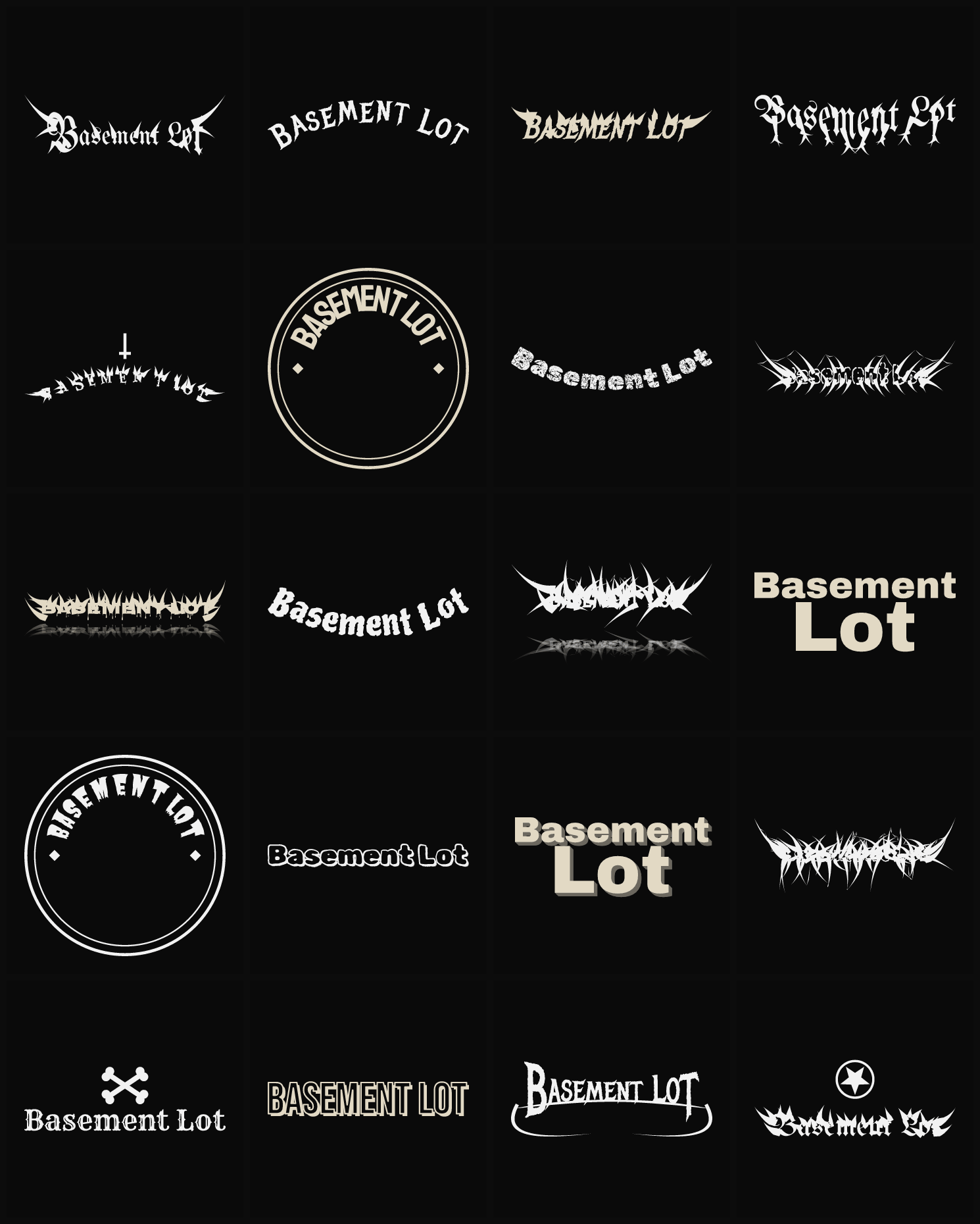 Twenty Basement Lot band logo ideas — different faces, treatments and spike settings