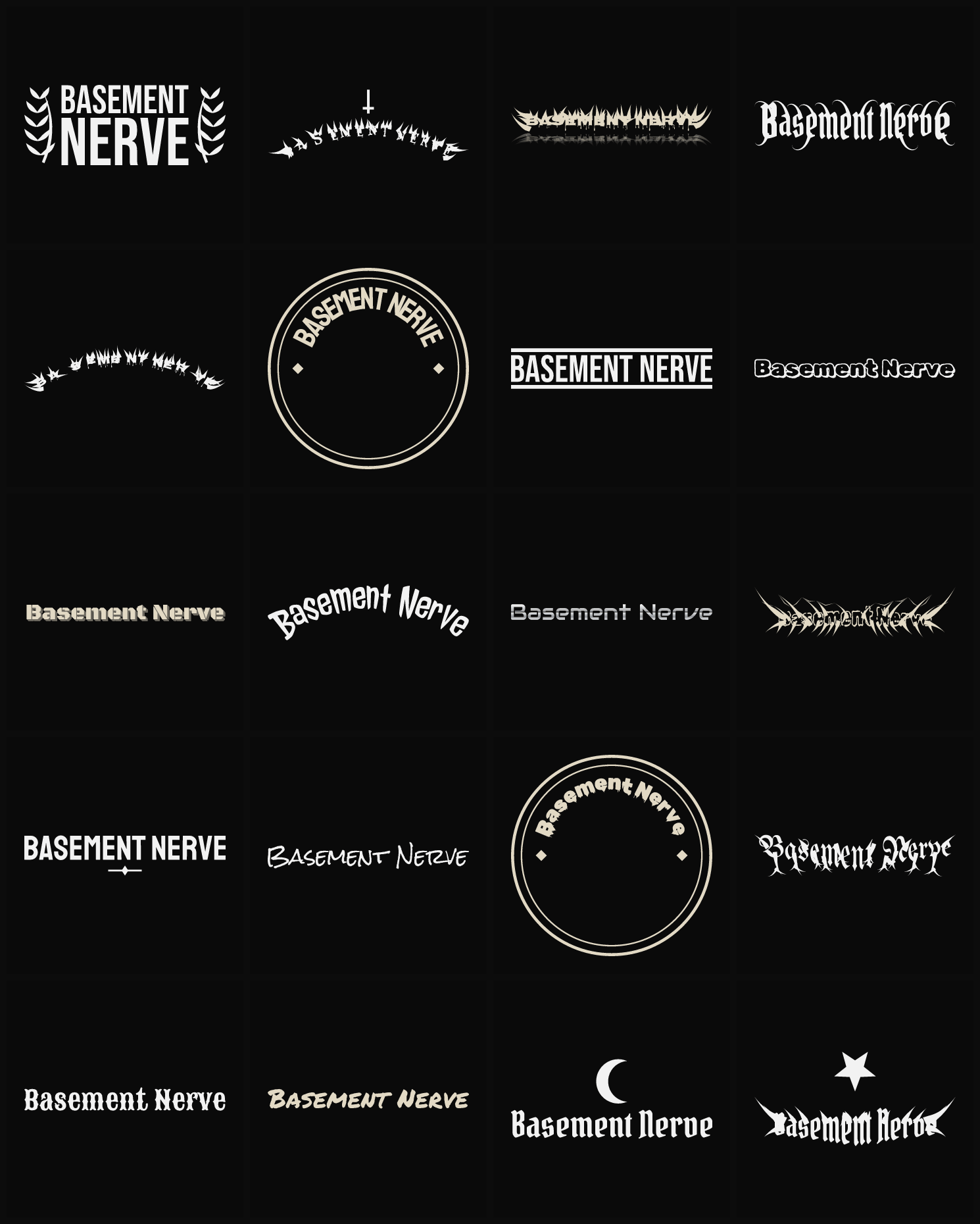 Twenty Basement Nerve band logo ideas — different faces, treatments and spike settings