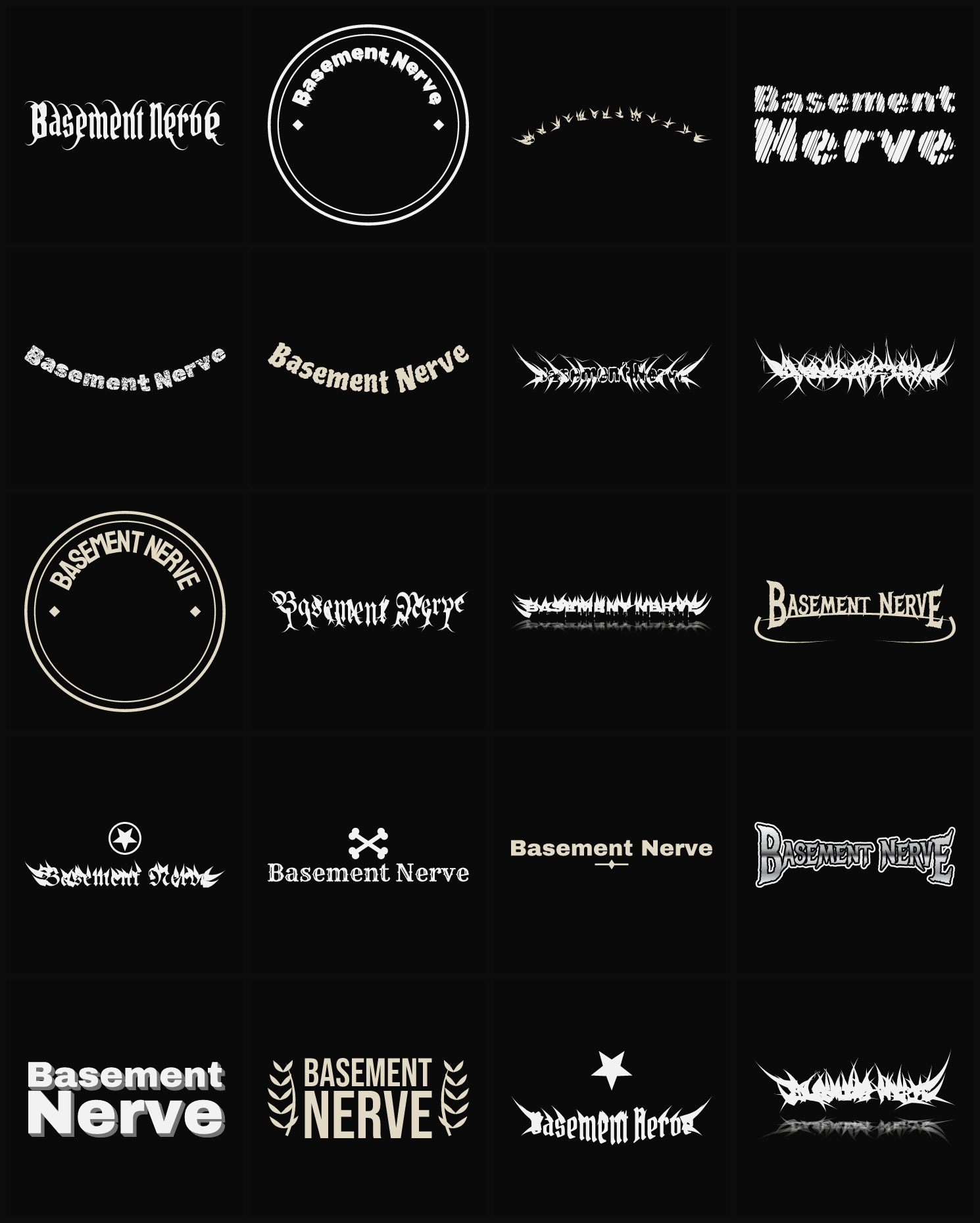 Twenty Basement Nerve band logo ideas — different faces, treatments and spike settings