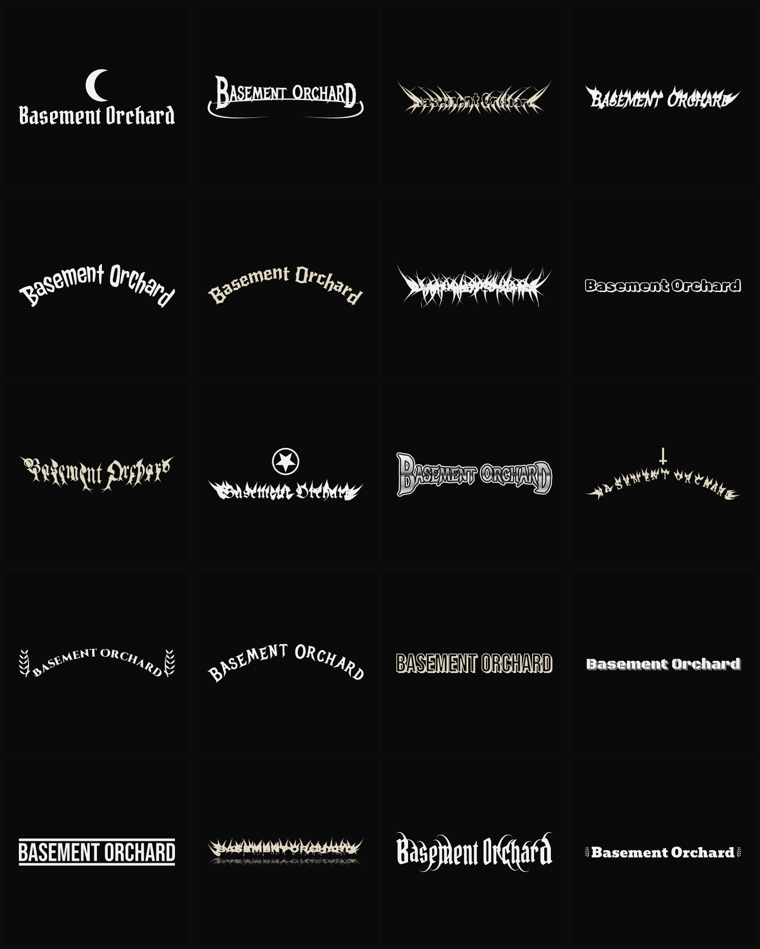 Twenty Basement Orchard band logo ideas — different faces, treatments and spike settings