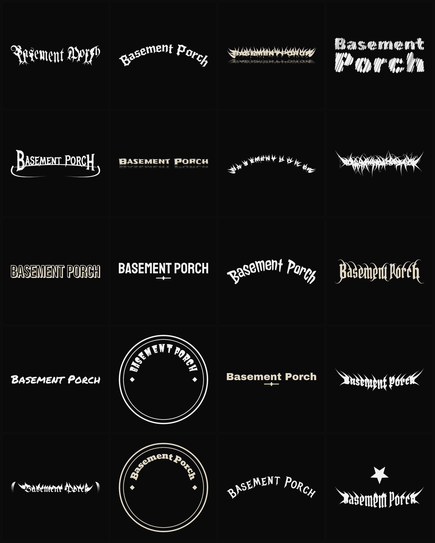 Twenty Basement Porch band logo ideas — different faces, treatments and spike settings