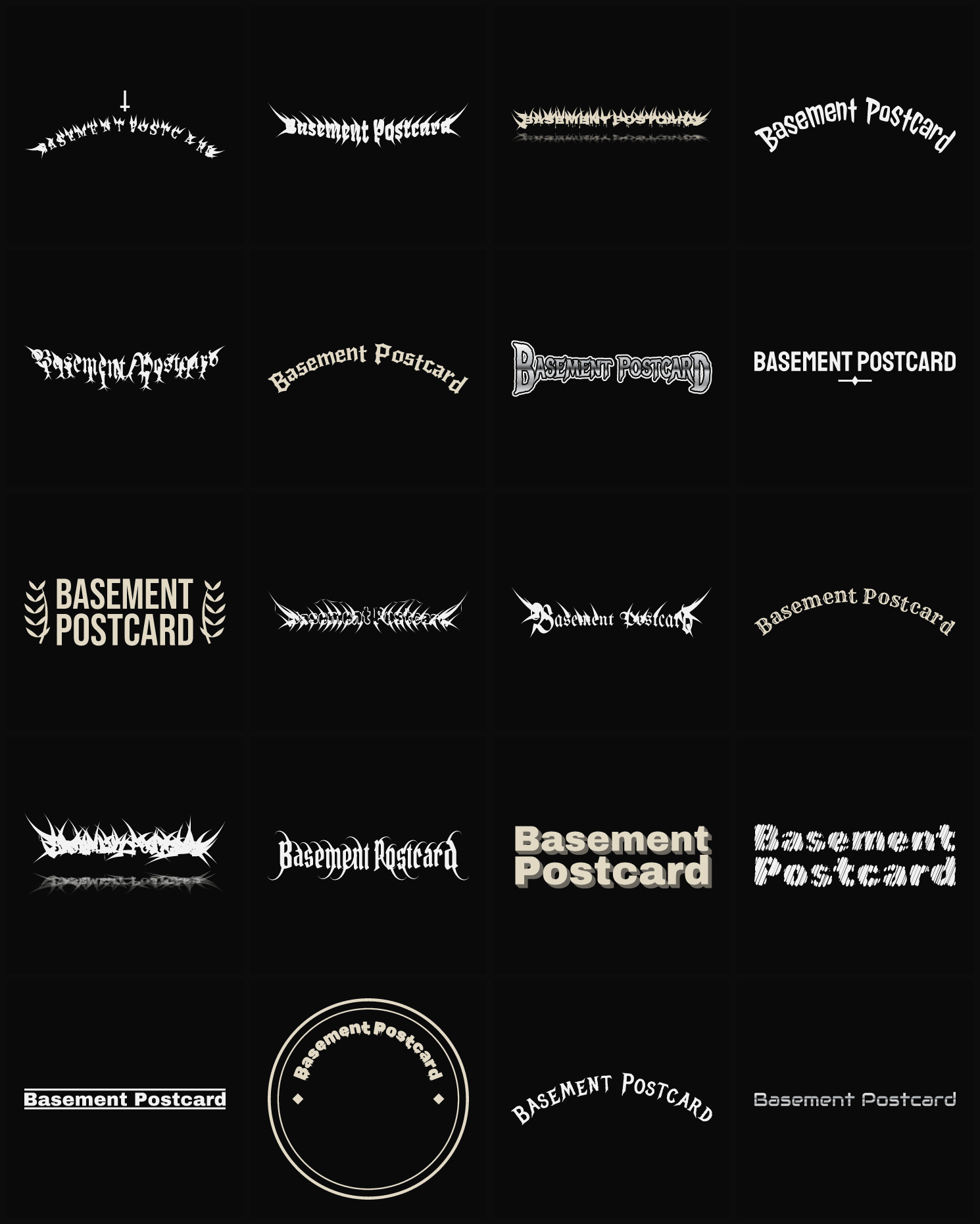 Twenty Basement Postcard band logo ideas — different faces, treatments and spike settings