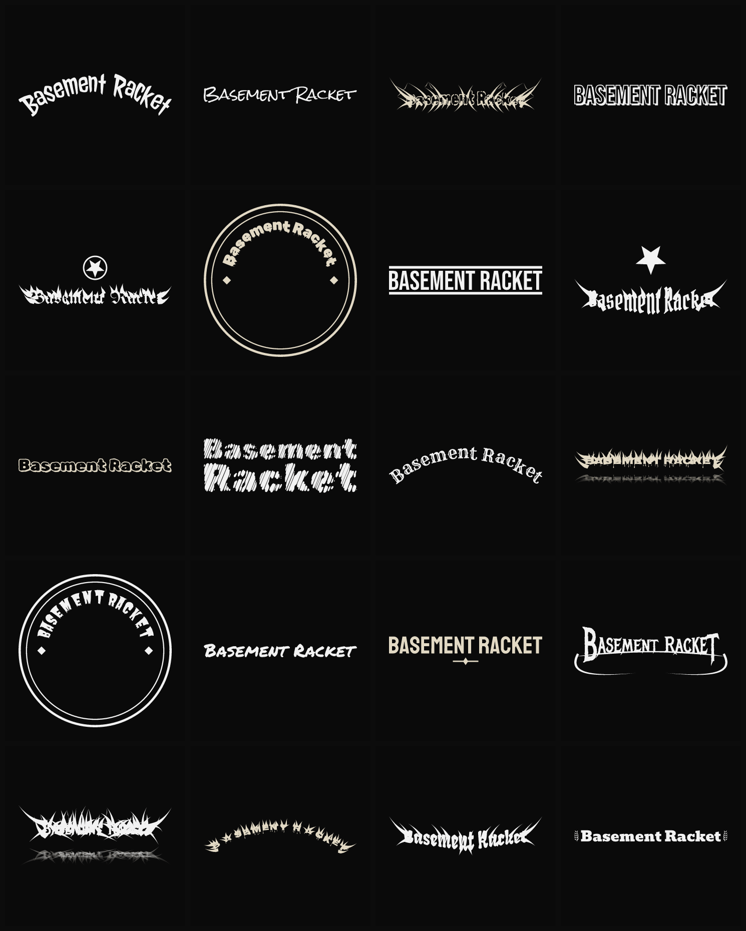 Twenty Basement Racket band logo ideas — different faces, treatments and spike settings