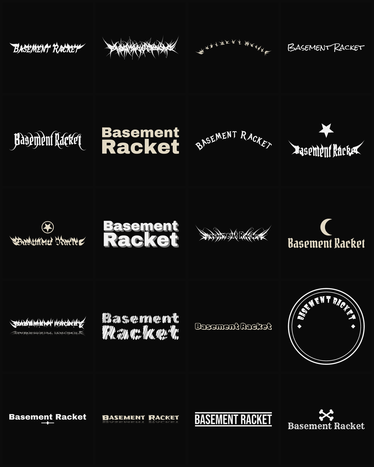 Twenty Basement Racket band logo ideas — different faces, treatments and spike settings
