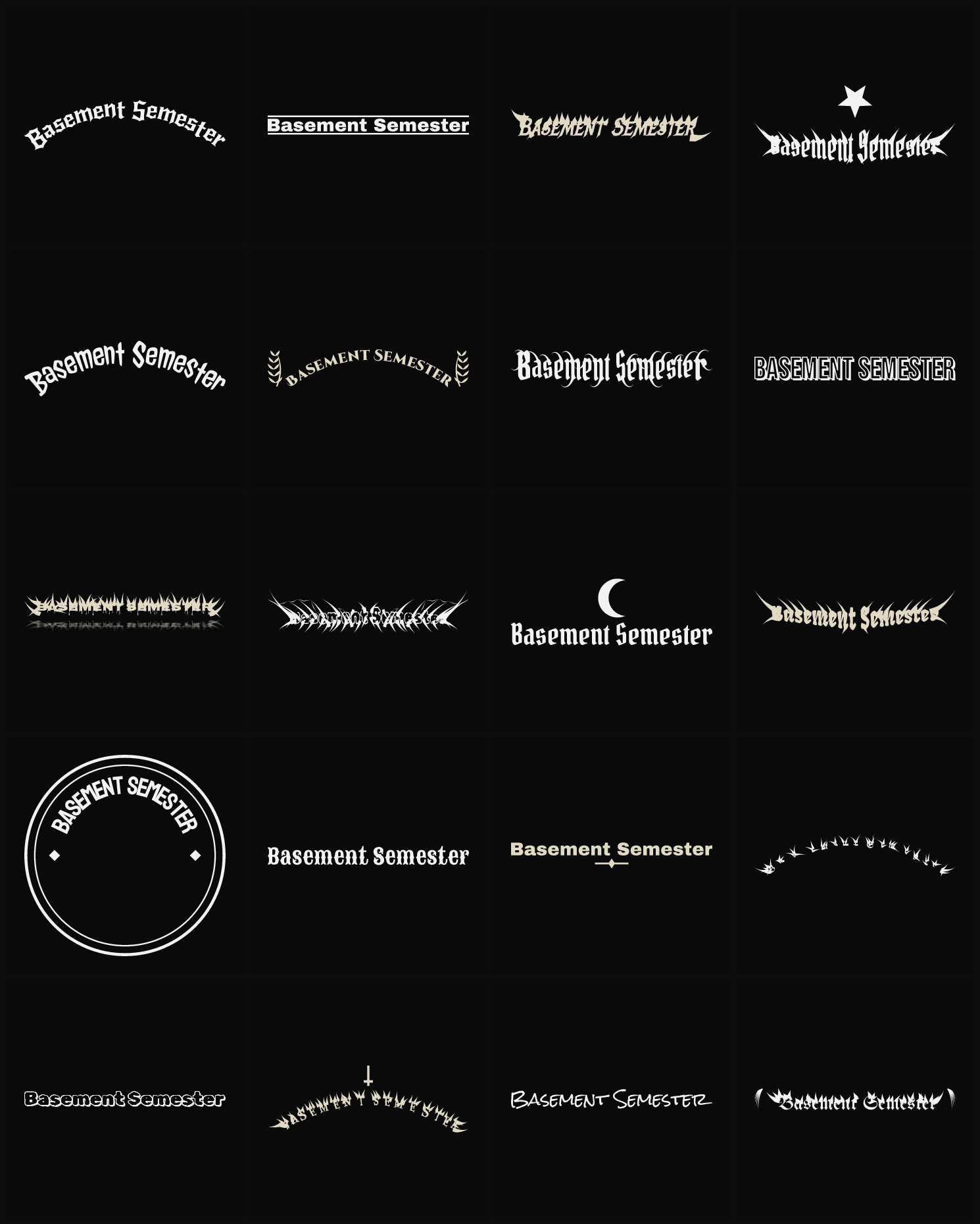 Twenty Basement Semester band logo ideas — different faces, treatments and spike settings