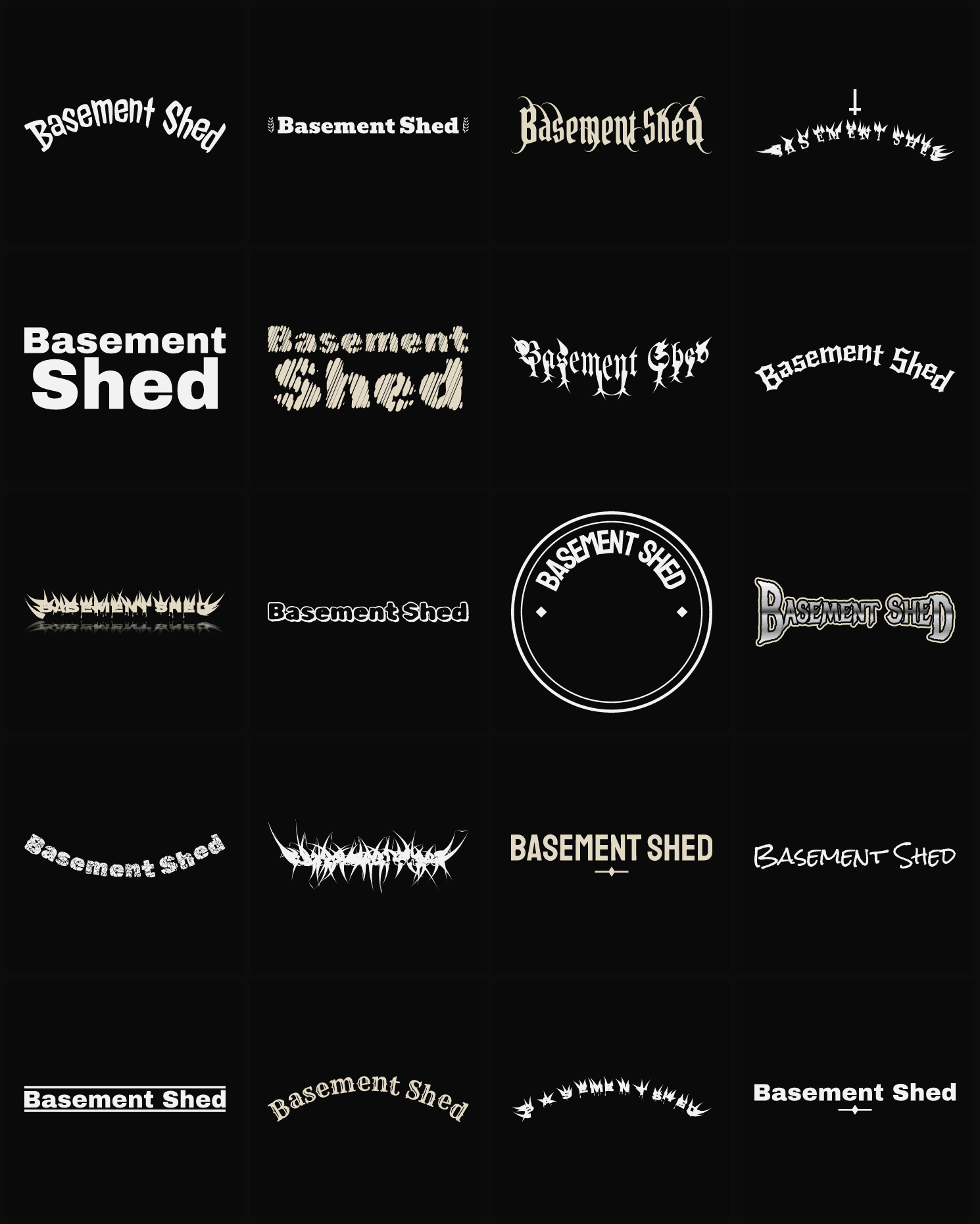 Twenty Basement Shed band logo ideas — different faces, treatments and spike settings